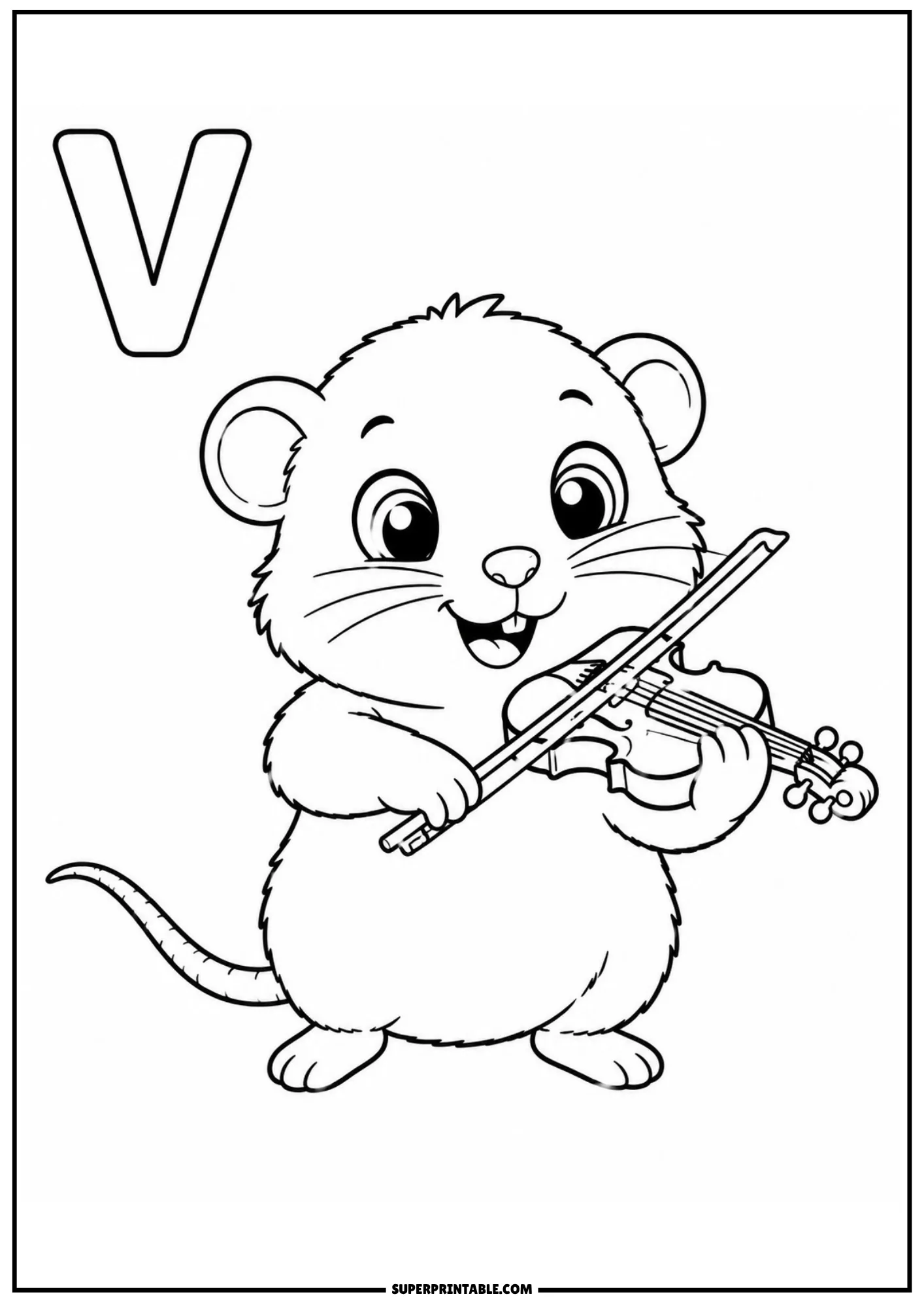 Smiling cartoon vole standing up and playing a small violin with a bow near letter V.