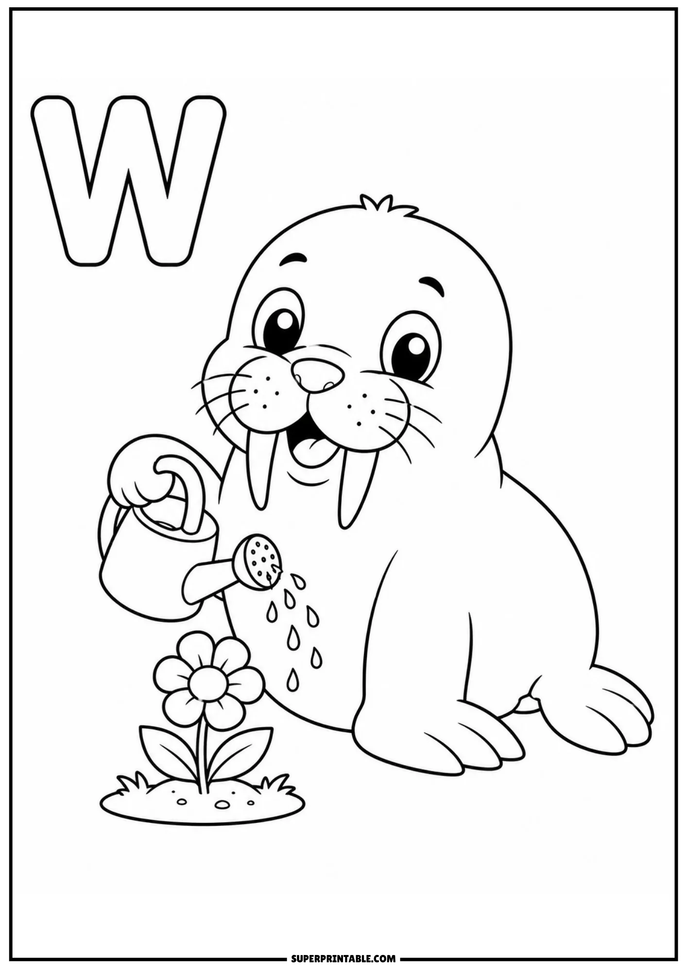 Friendly walrus holding a watering can to water a single flower near letter W.
