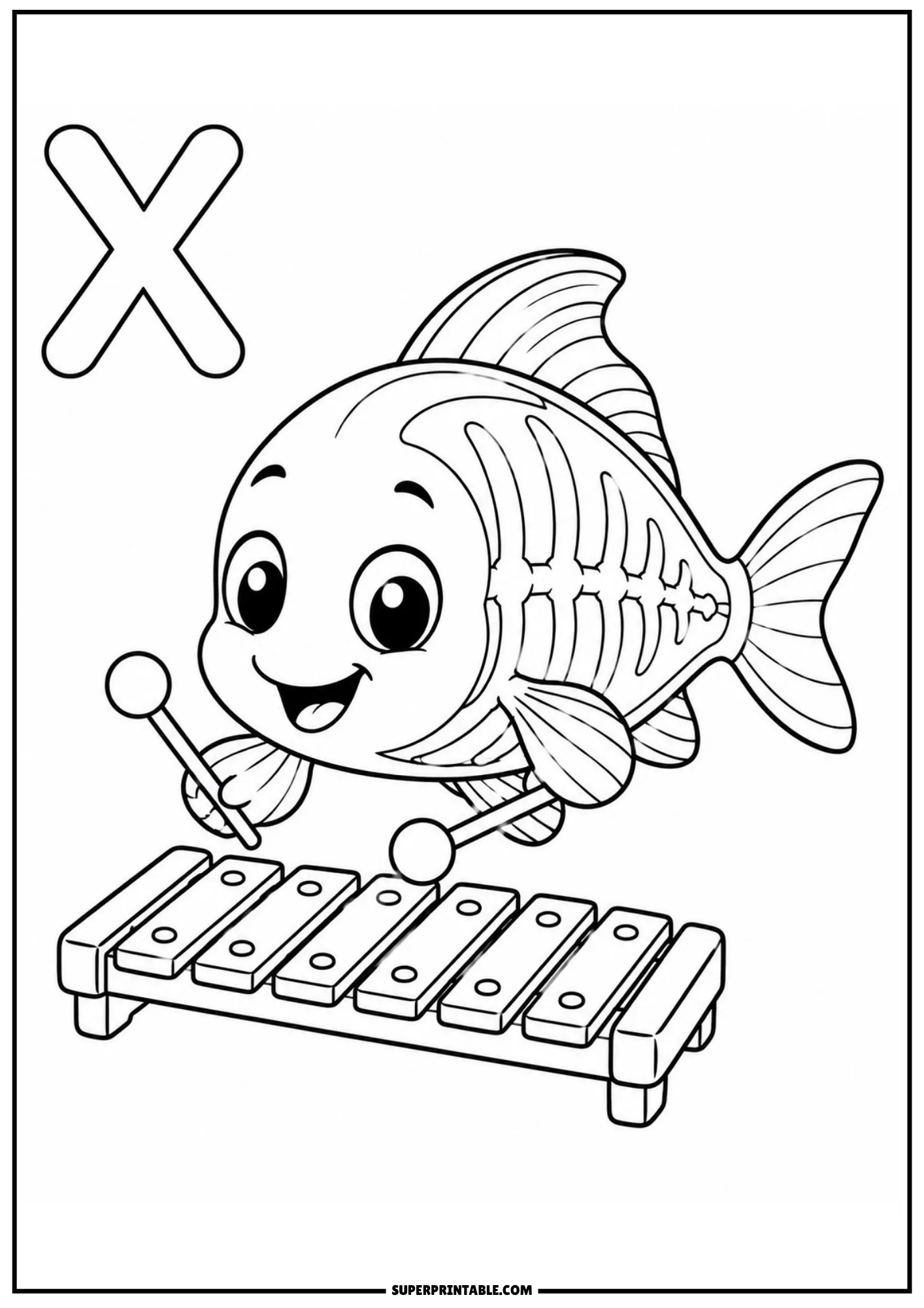 Translucent x-ray fish playing a toy xylophone with two mallets near capital letter X.