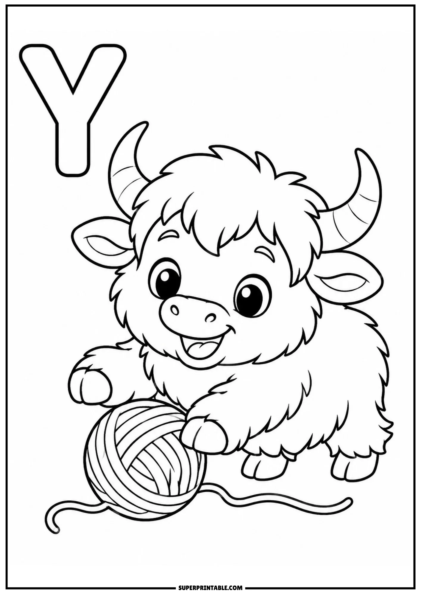 Fluffy cartoon yak playing playfully with a large ball of yarn near the letter Y.