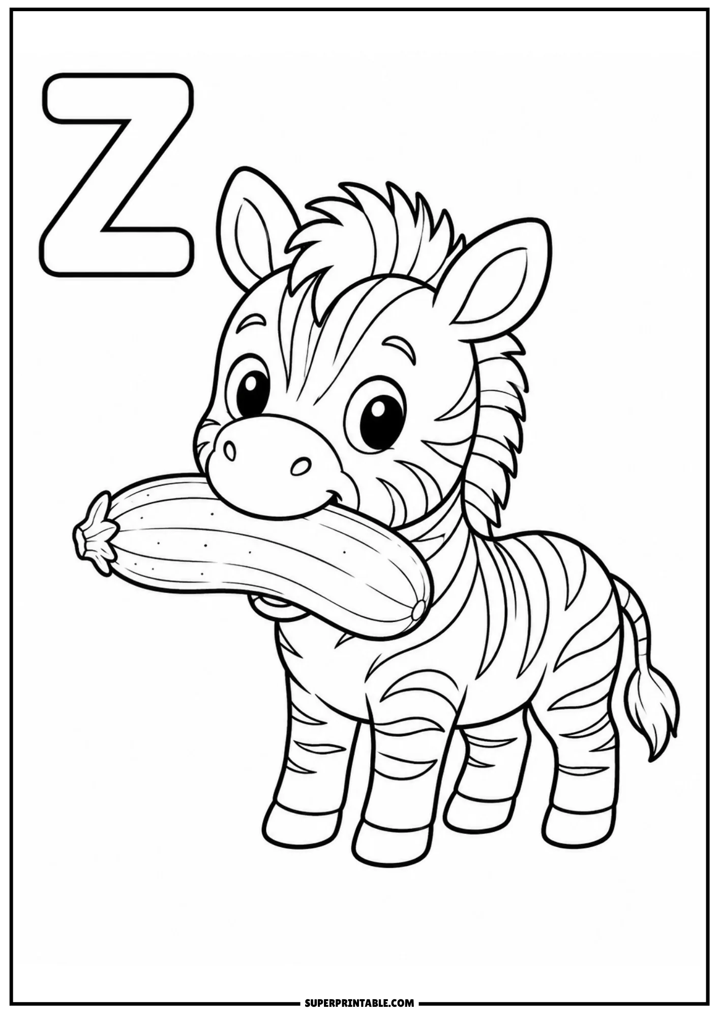 Cute striped zebra holding a large green zucchini in its mouth on animal alphabet coloring pages.