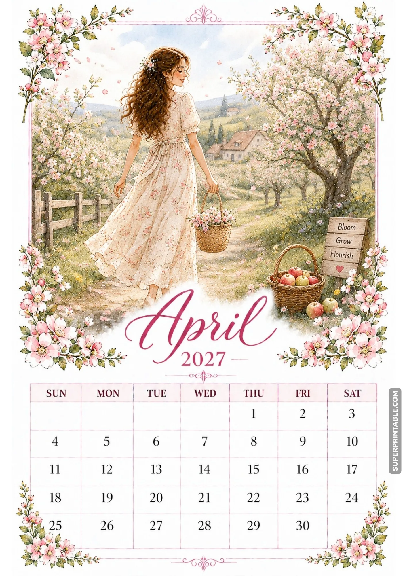 Woman carrying a flower basket along a country path through a flowering apple orchard.