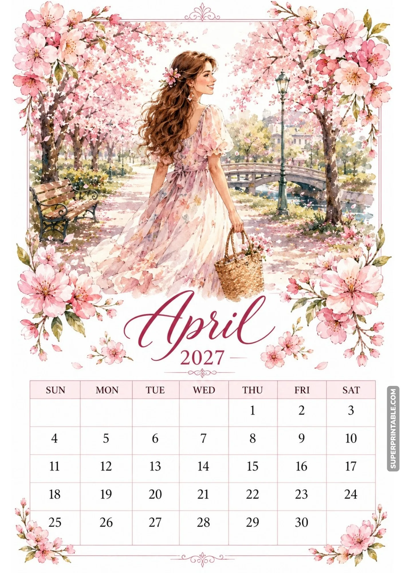 April 2027 calendar printable showing a woman strolling through a cherry blossom pathway with a monthly grid.