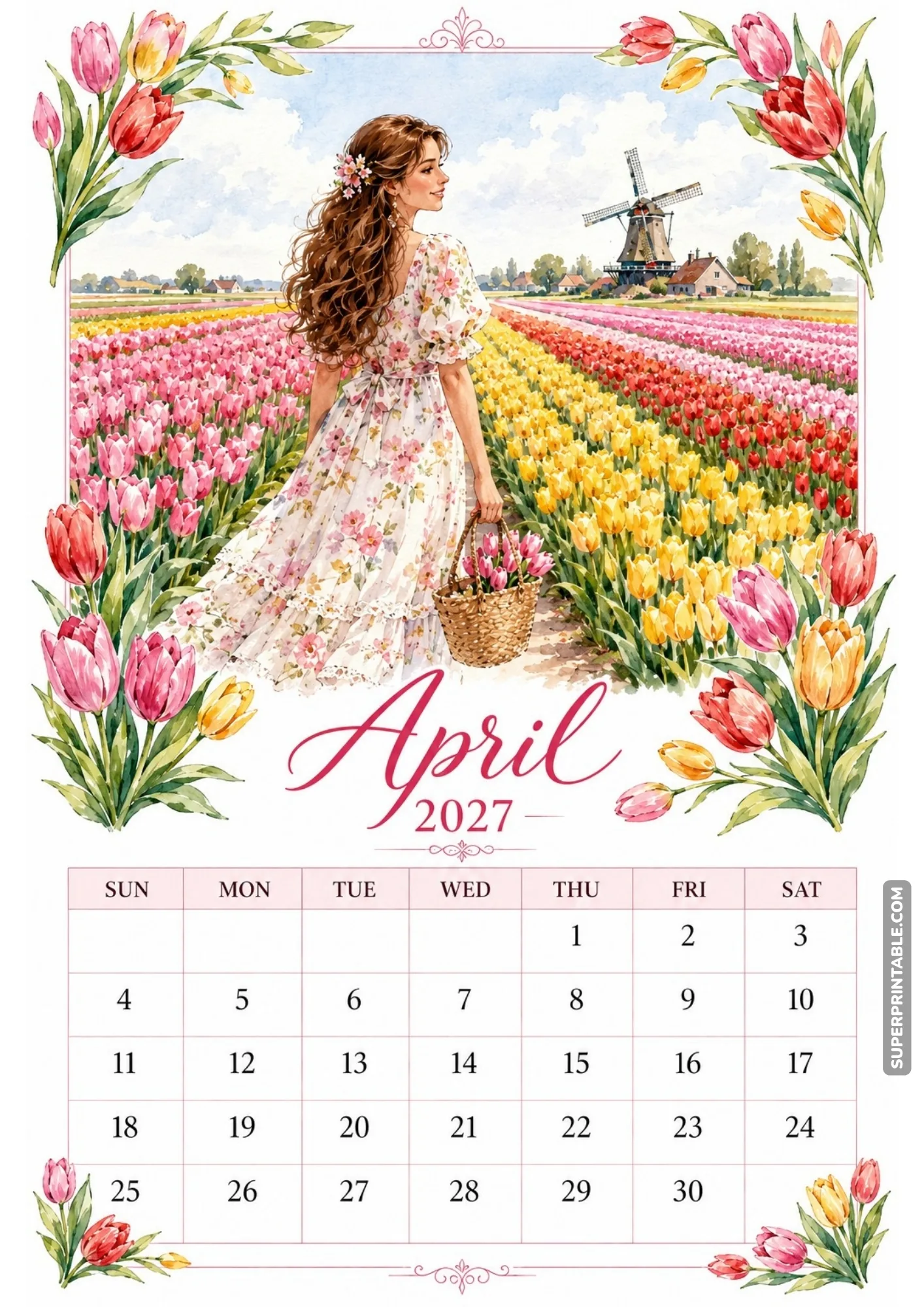 April 2027 calendar printable with a woman standing in a colorful tulip field next to a Dutch windmill.