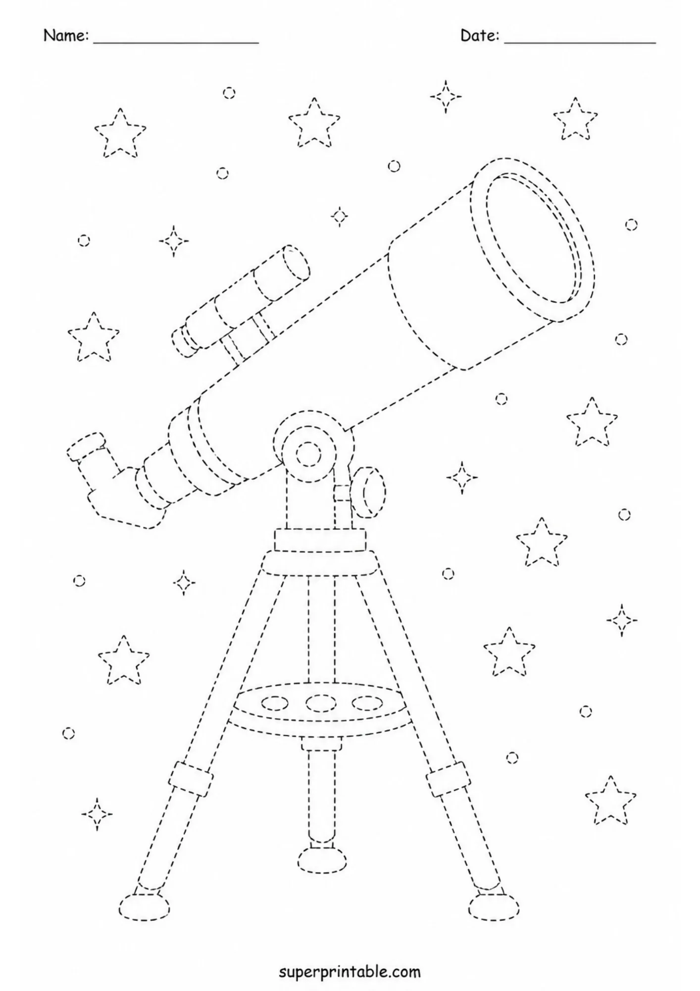 Space planets activity worksheets printable featuring an astronomical telescope and stars.