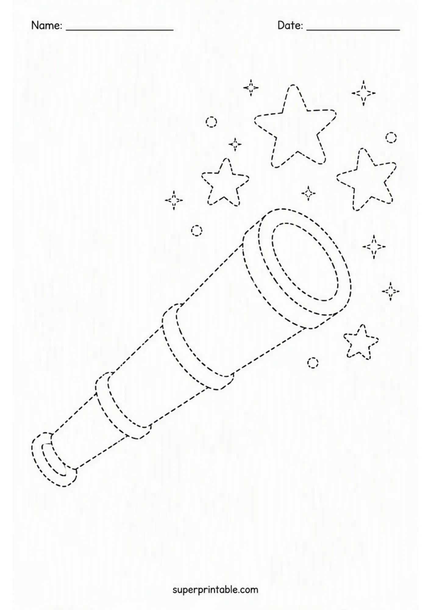 Dashed outline of a sky telescope pointed towards bright stars and sparkles.