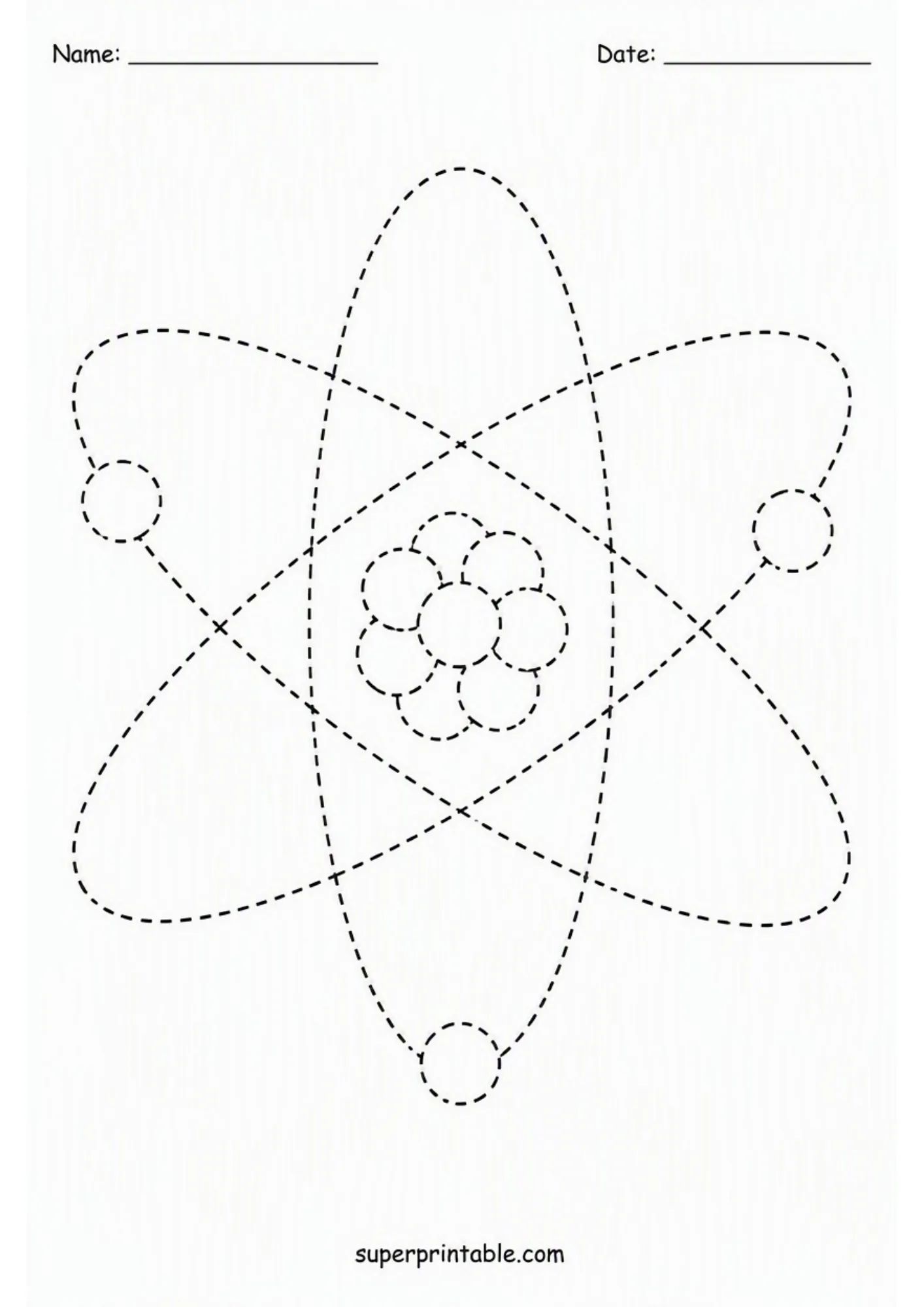 Science lab activity worksheets featuring a dashed line atomic model with orbiting electrons.