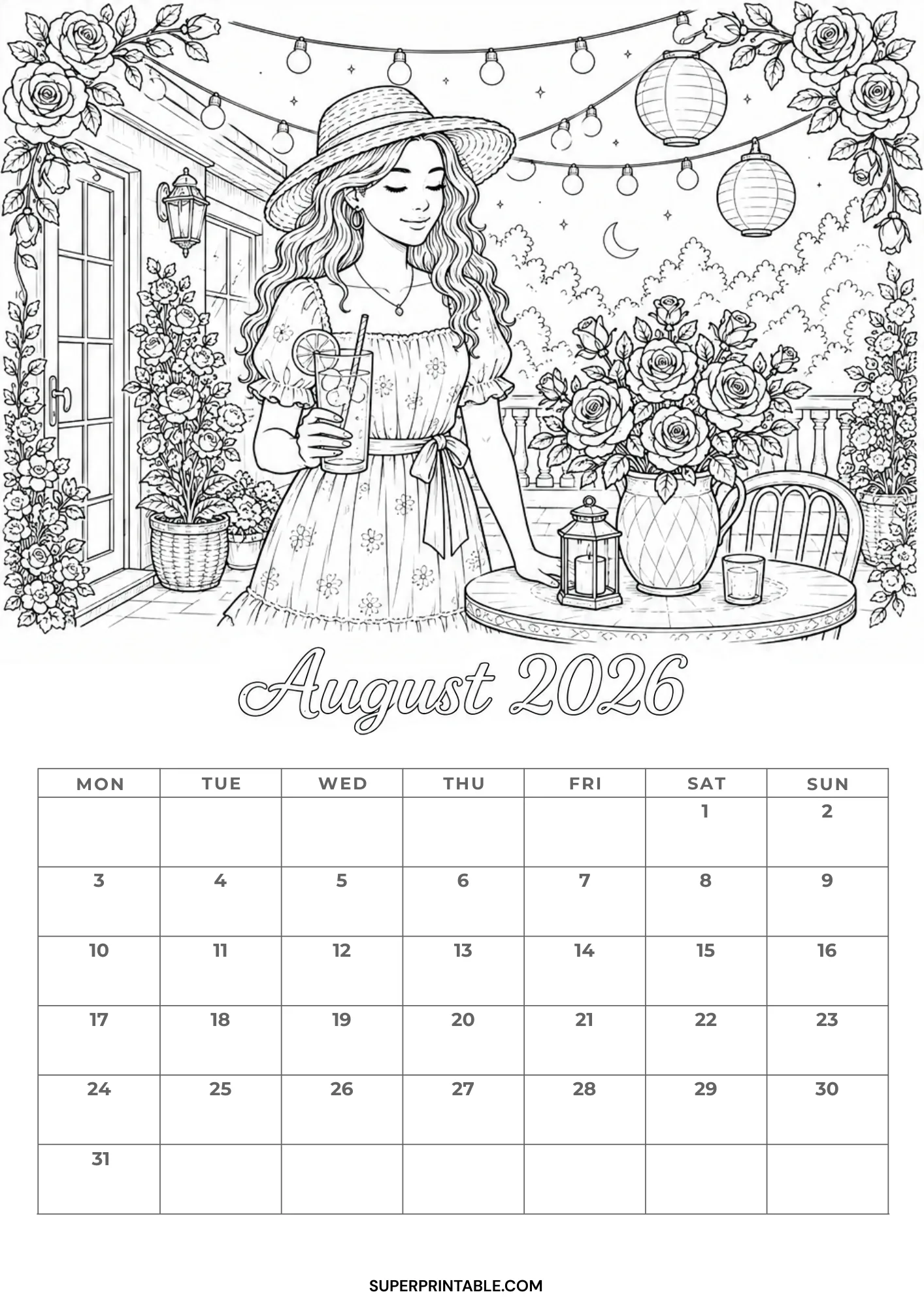 Charming summer evening balcony scene with glowing lanterns and potted roses on an August 2026 calendar coloring page