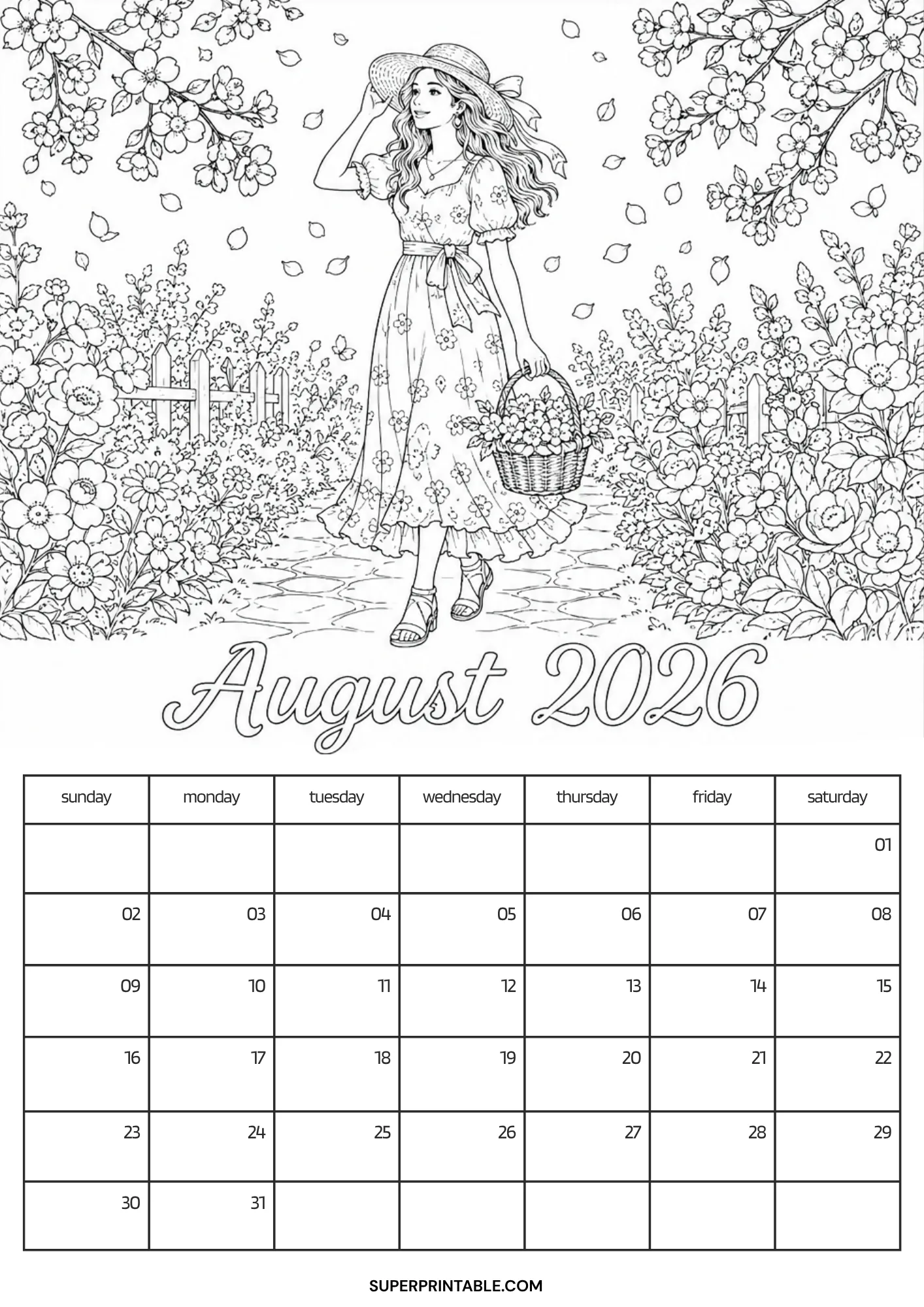 Lovely August 2026 calendar coloring page displaying a woman carrying a flower basket down a lush garden path