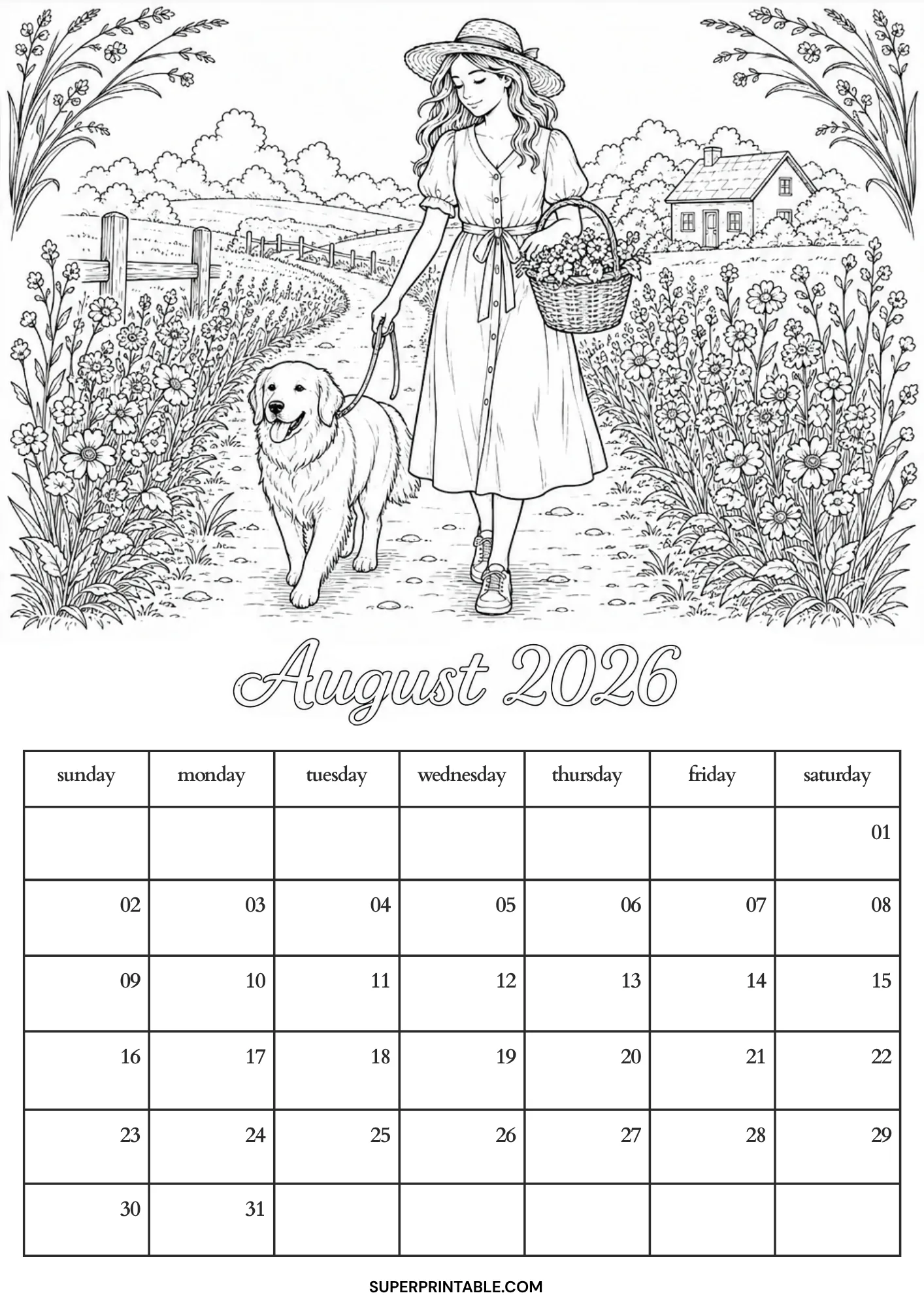 Warm summer morning dog walking scene along a rural flower path on an August 2026 monthly calendar page