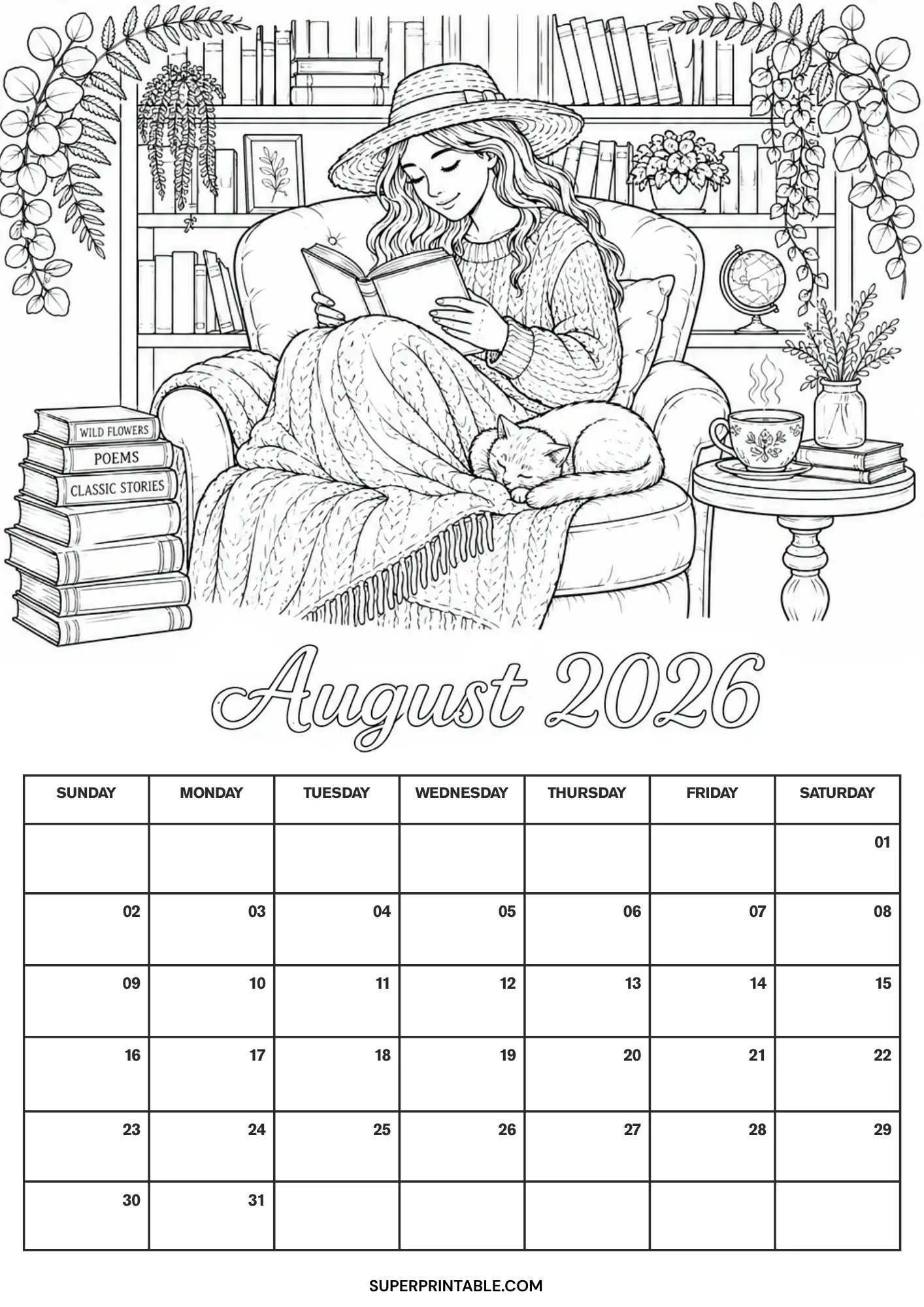 Cozy indoor reading nook with a sleeping cat and bookshelves on a detailed August 2026 calendar coloring page