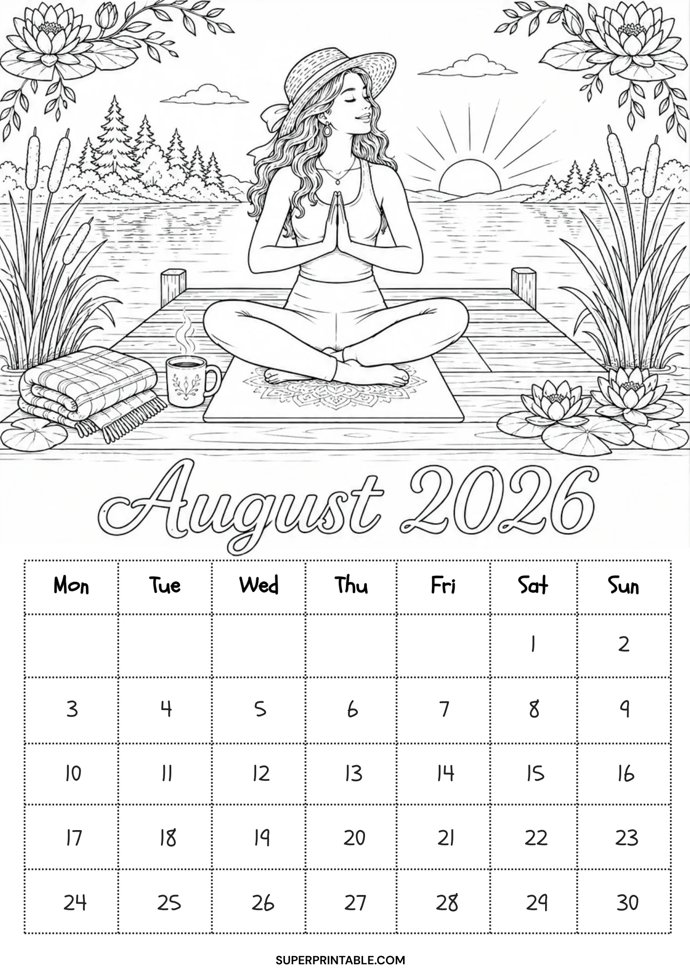 Peaceful morning yoga meditation on a wooden lake dock featuring water lilies on an August 2026 calendar coloring page