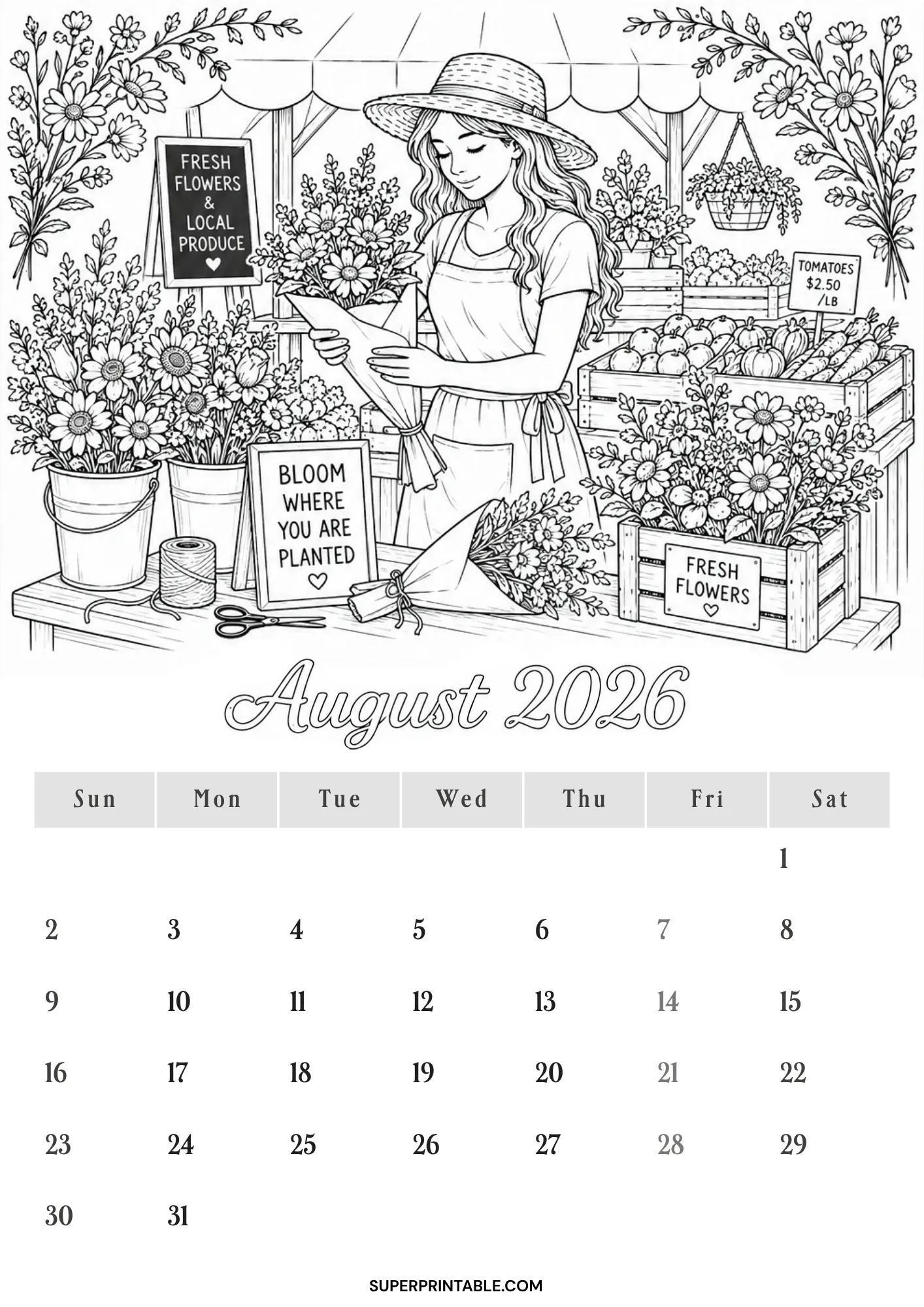 Detailed flower market stand illustration with fresh floral bouquets on an August 2026 calendar coloring printable