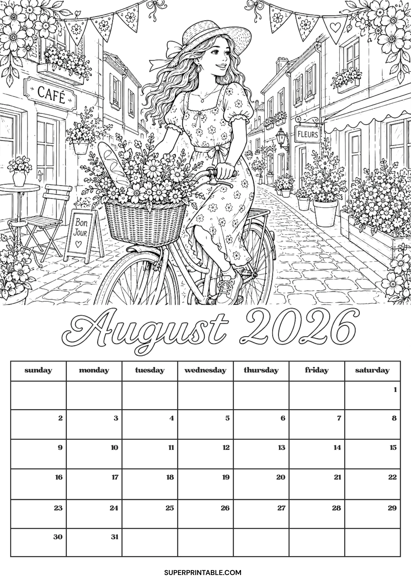 Vintage European town street scene with a bicycle and flower cafe on an August 2026 calendar coloring page