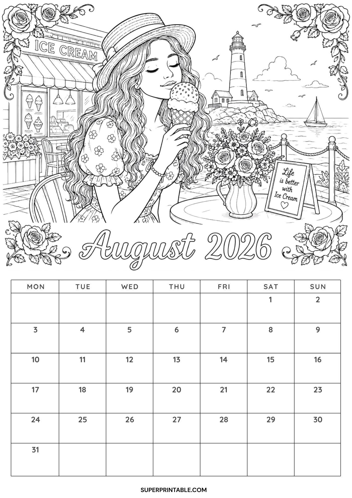 Free printable august 2026 calendar coloring pages featuring a woman eating ice cream near a coastal lighthouse
