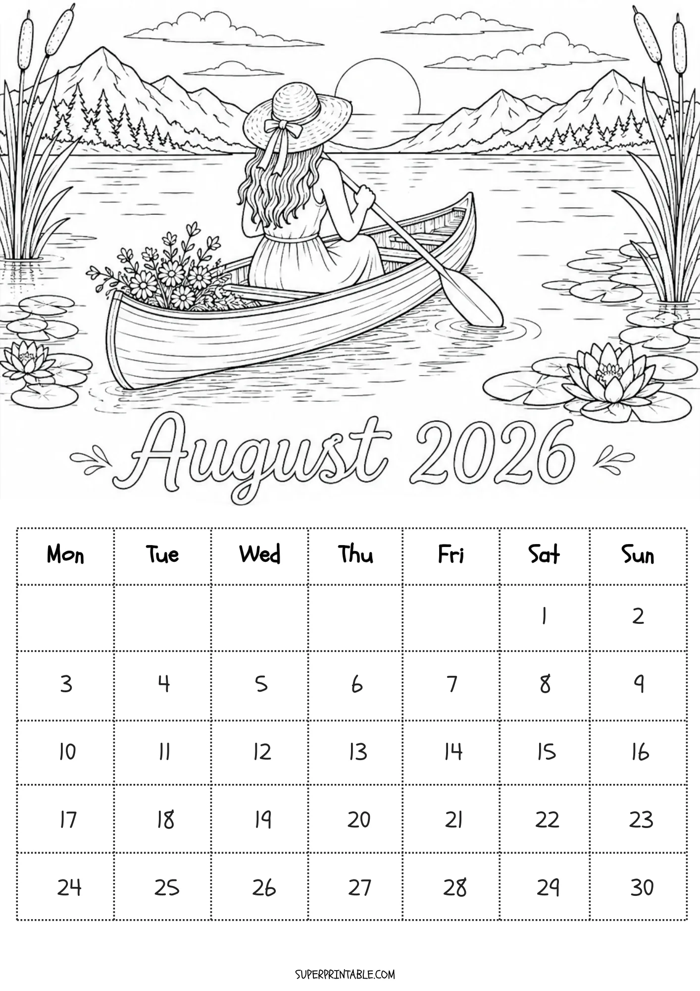 Serene outdoor lake canoe paddling scene surrounded by mountains on an August 2026 calendar coloring page