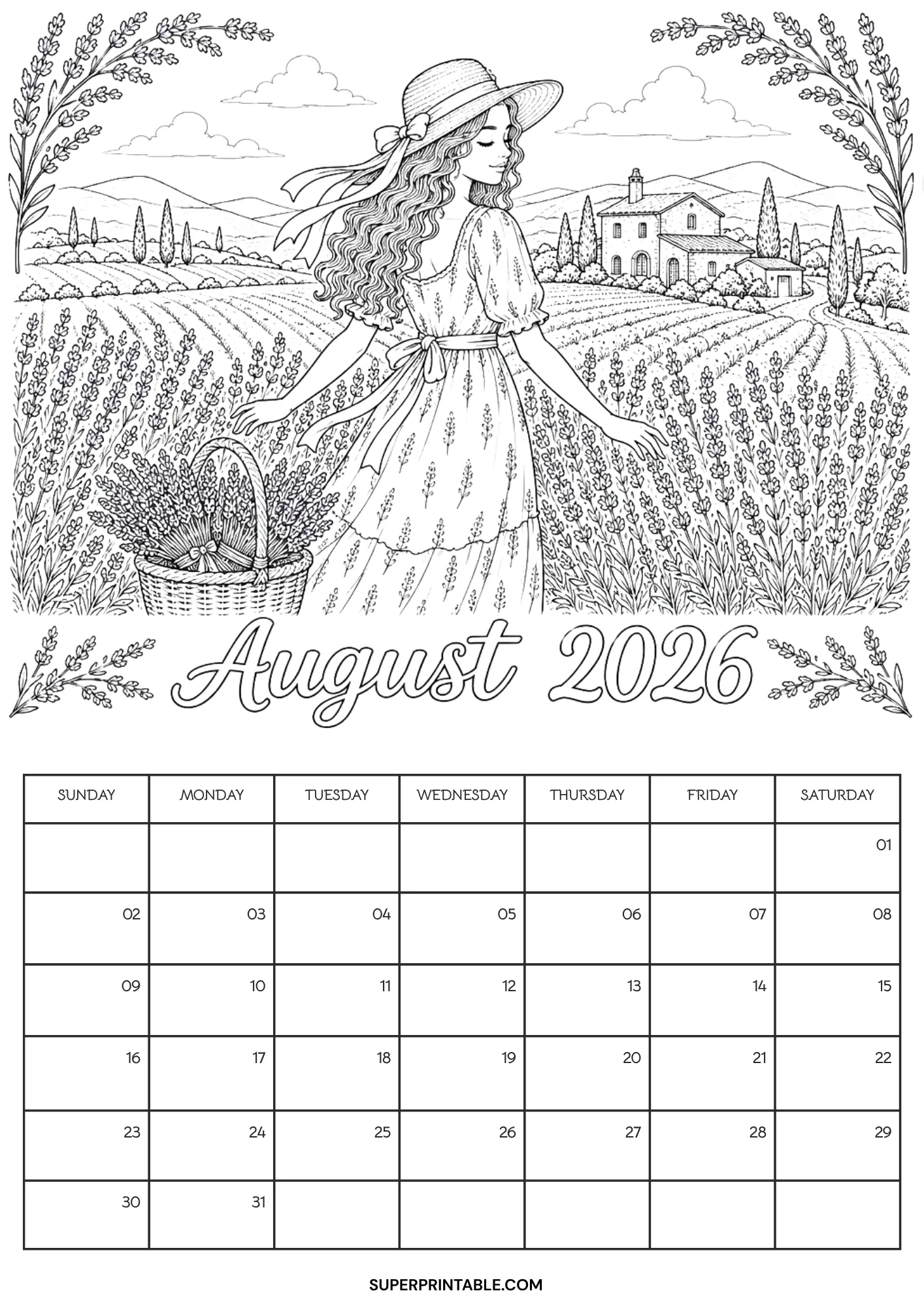 Peaceful August 2026 calendar printable to color showing a woman walking through endless rows of lavender plants