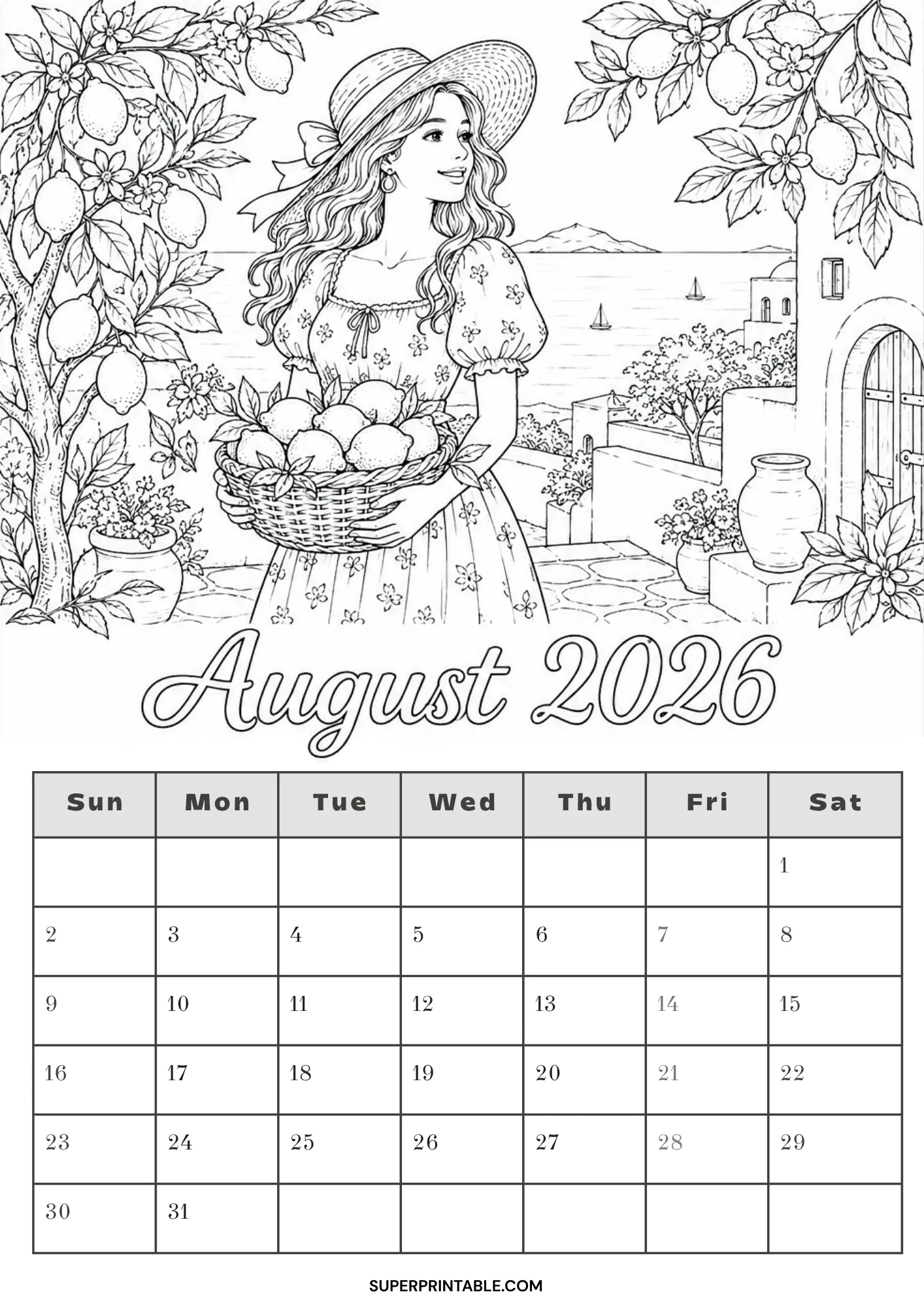 Coastal August 2026 calendar coloring page featuring a girl holding a basket of fresh lemons near sea cliffs