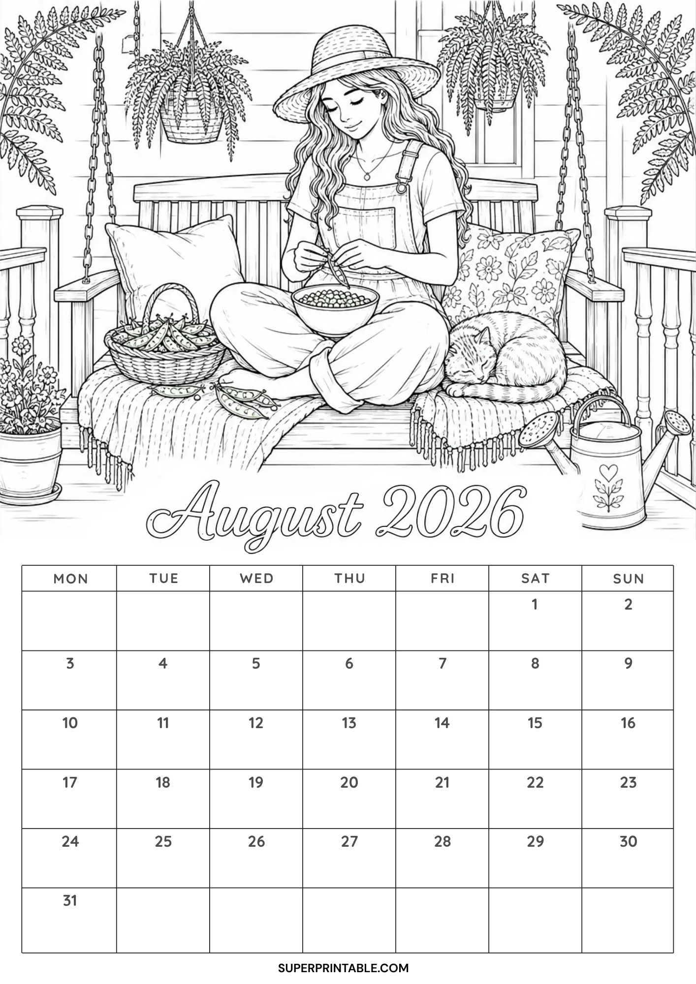 Relaxing porch swing illustration with hanging ferns and a sleeping cat on an August 2026 monthly calendar coloring page