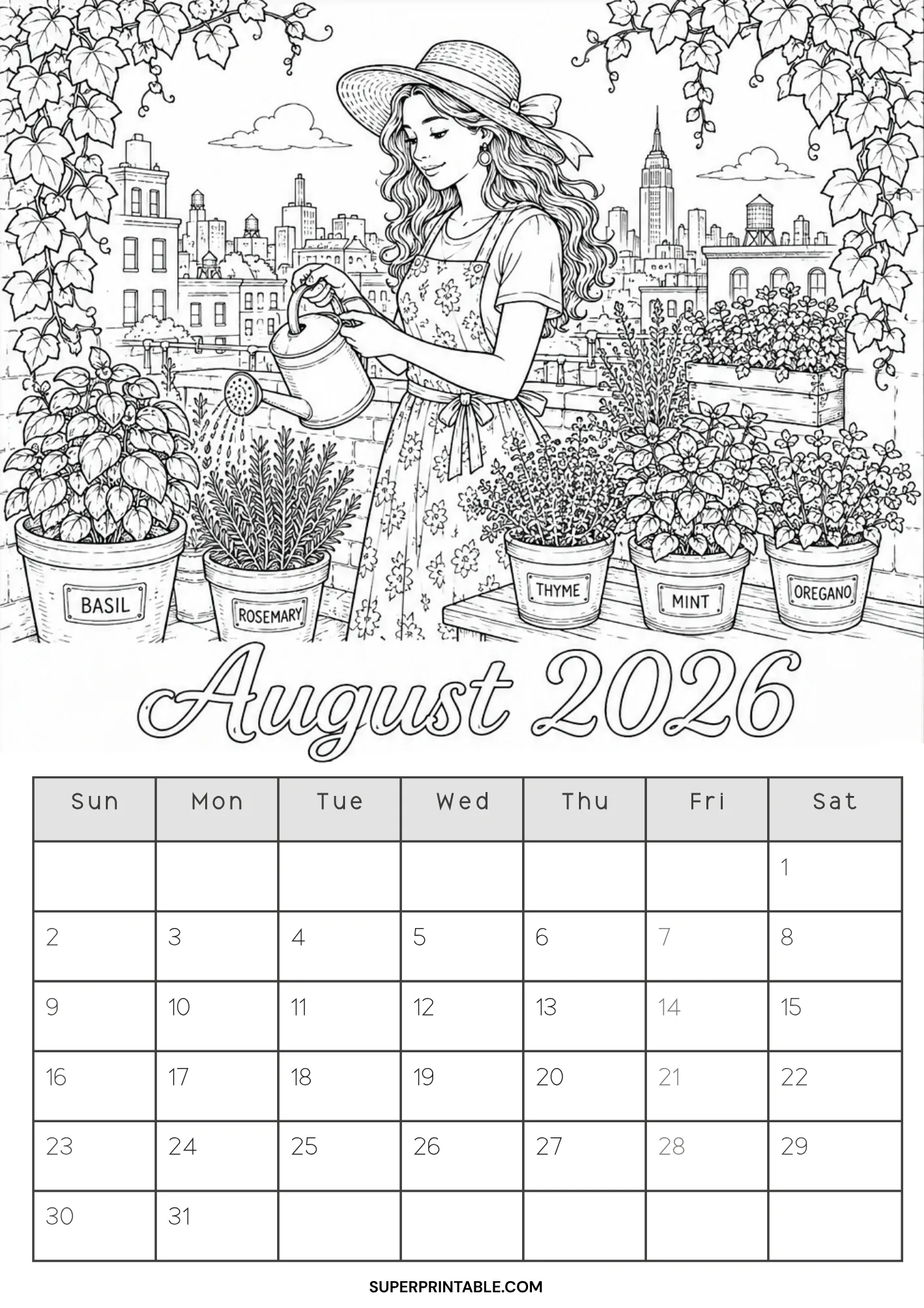 Detailed August 2026 calendar coloring sheet with a woman watering potted herbs on a sunny city rooftop terrace