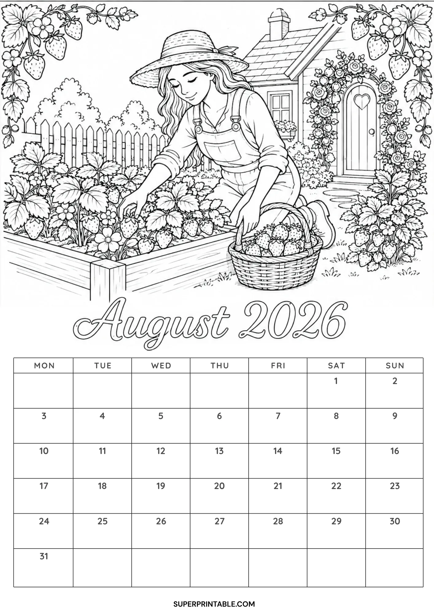Adorable cottagecore August 2026 calendar coloring sheet showing a girl harvesting fresh strawberries in her garden
