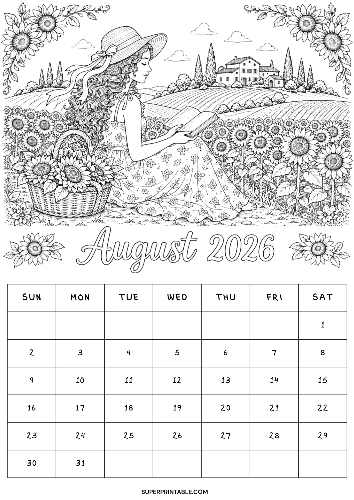 august 2026 calendar coloring pages featuring a woman reading in a dense field of tall blooming sunflowers