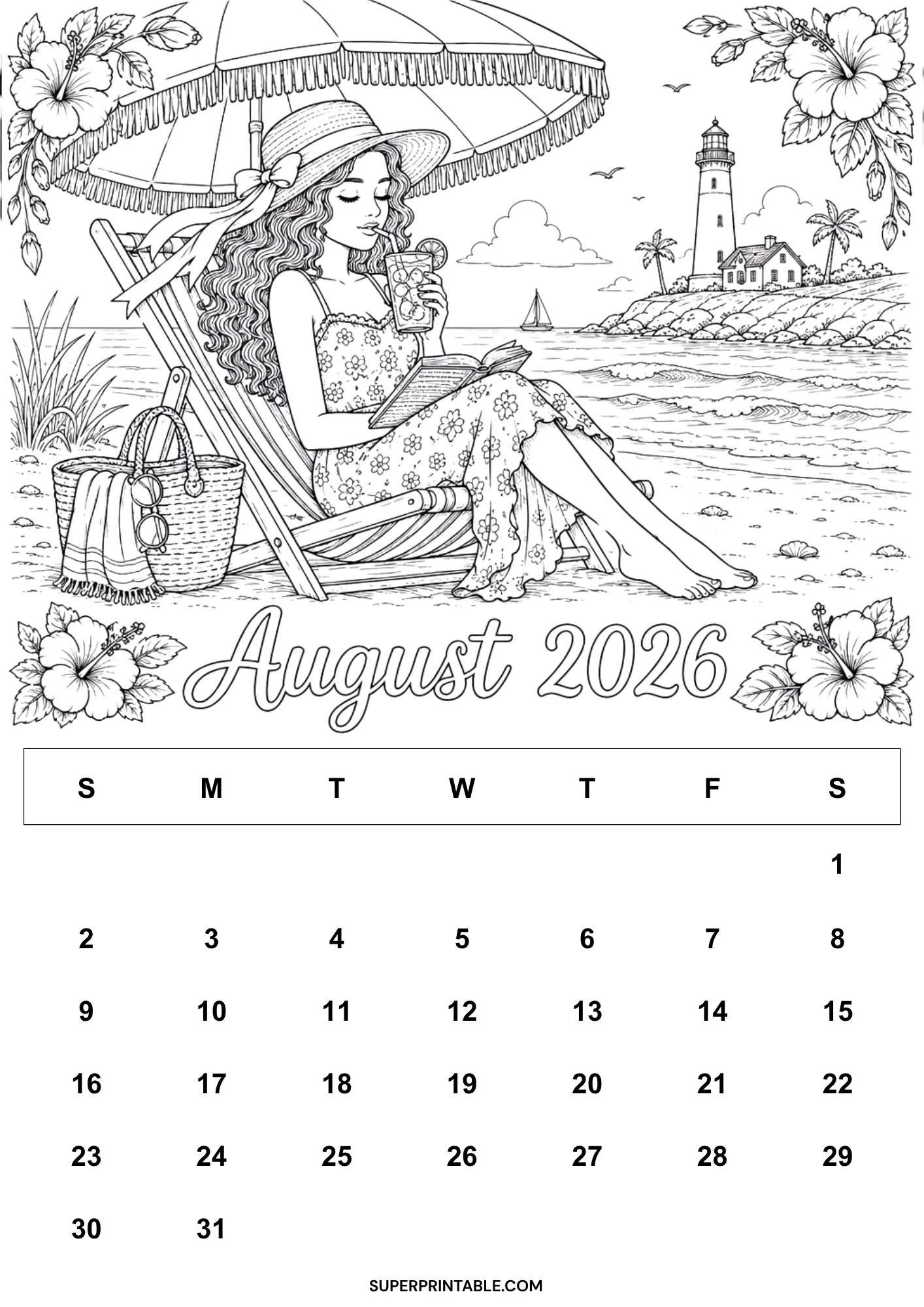 Tropical beach vacation August 2026 coloring calendar sheet with a woman relaxing in a lounger by the ocean shoreline