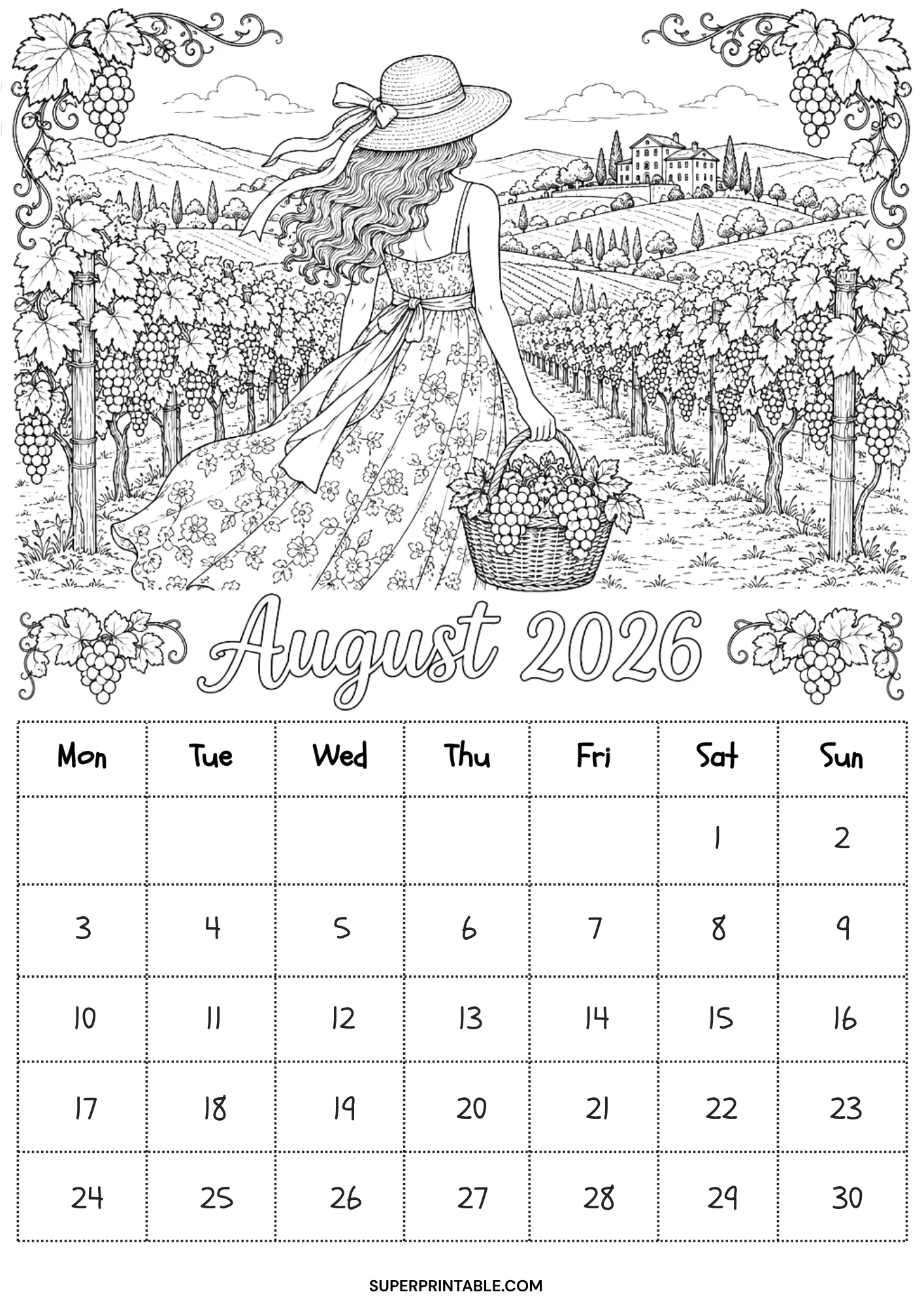 Scenic August 2026 calendar page for coloring depicting a harvest walk through lush vineyard grapevines