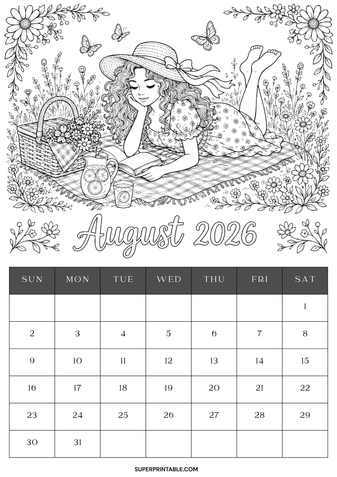 Relaxing August 2026 monthly calendar coloring page showing a girl reading on a picnic blanket among blooming wildflowers