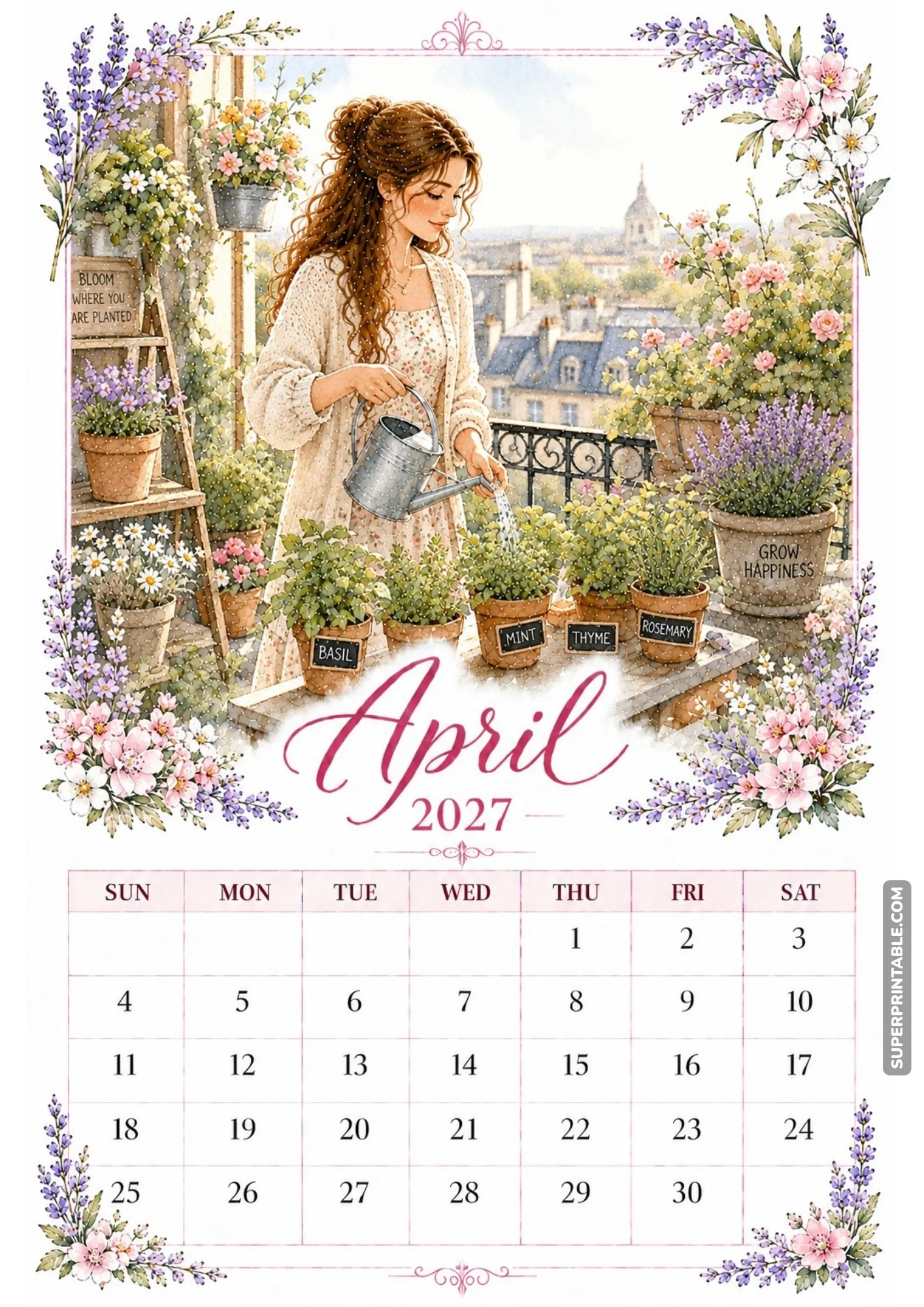 Woman using a metal watering can on potted herb plants on a cozy apartment balcony.