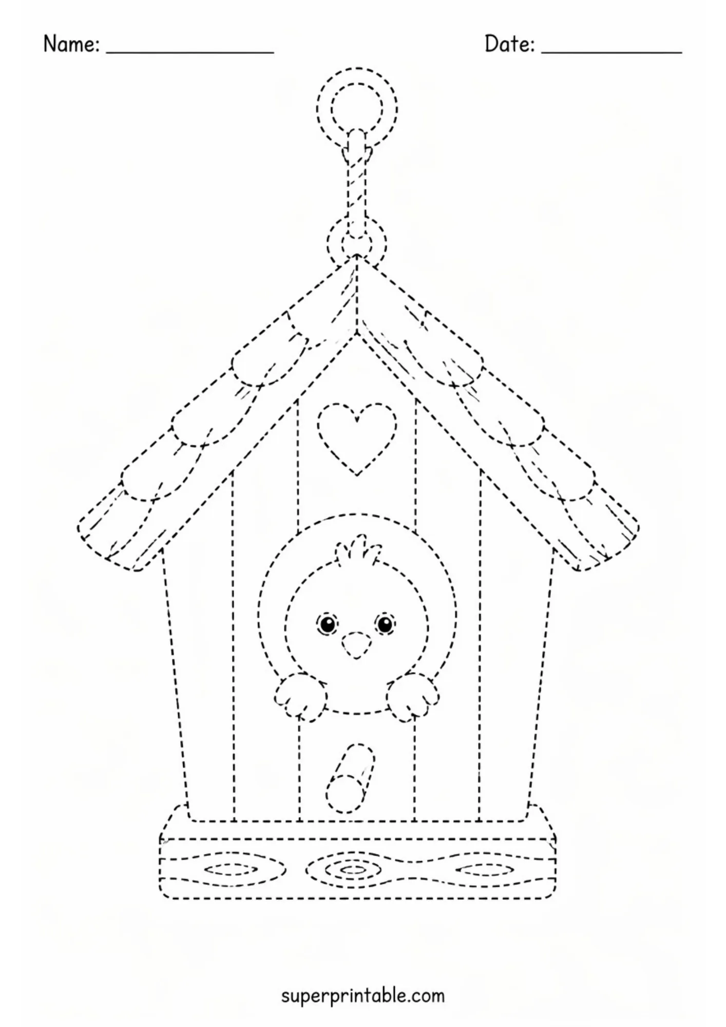Hanging birdhouse tracing worksheet featuring a cute chick peeking out from the opening.