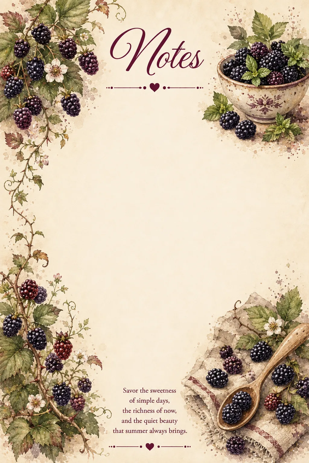 Blackberry vines, fresh berries and rustic accents surrounding an elegant writing page.