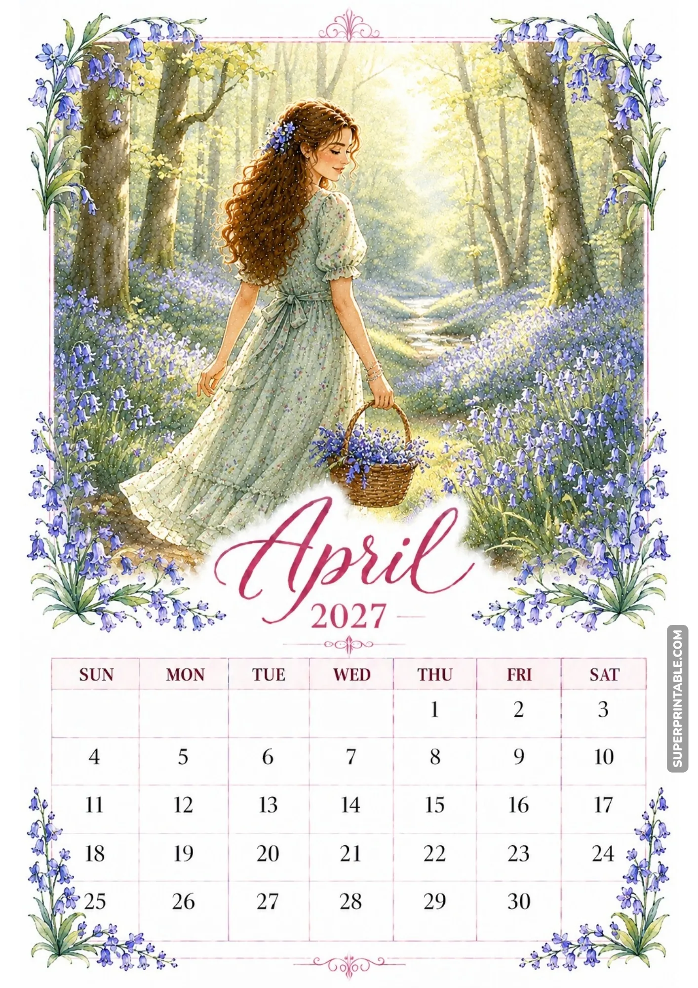 Woman walking along a woodland path surrounded by a carpet of purple bluebell flowers.