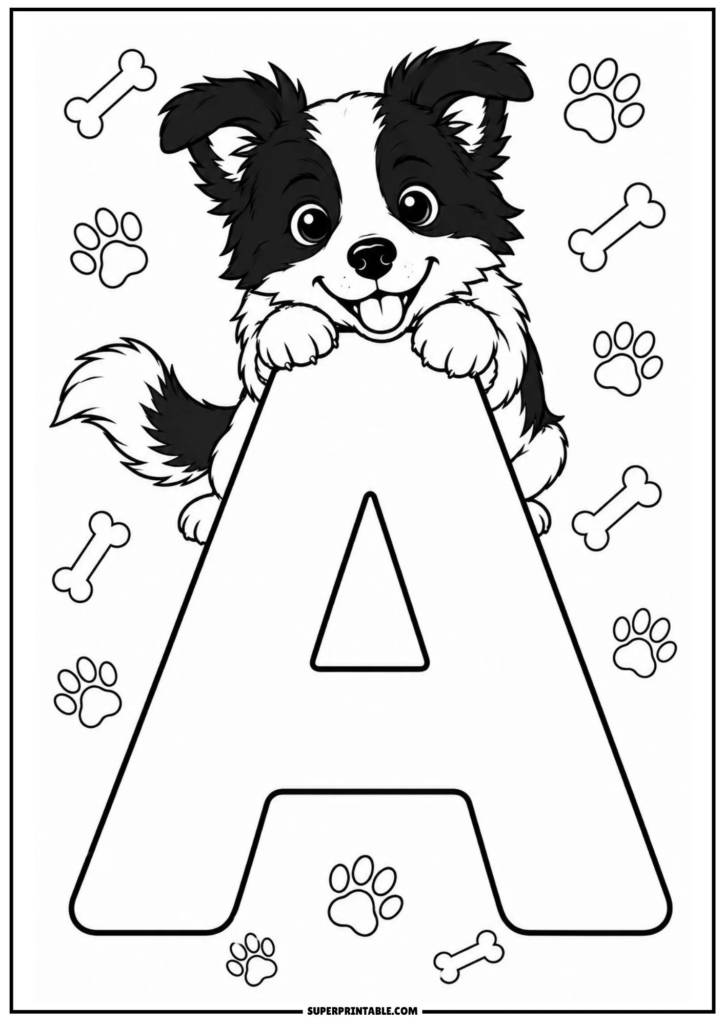 Border Collie alphabet coloring page showing a playful puppy leaning over a large letter A with dog bones.