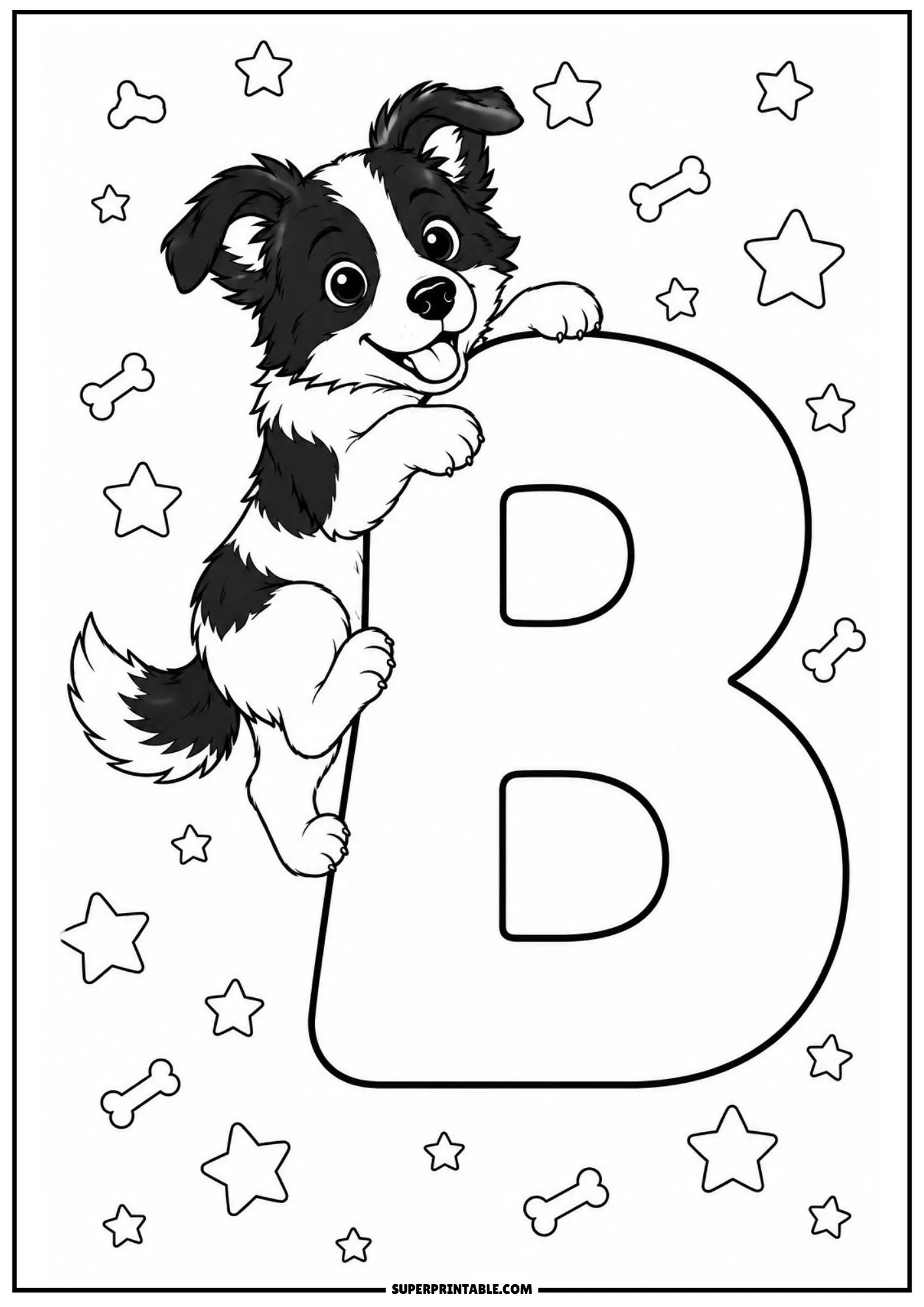 Line art coloring sheet featuring a cute Border Collie puppy clinging to a large capital letter B.