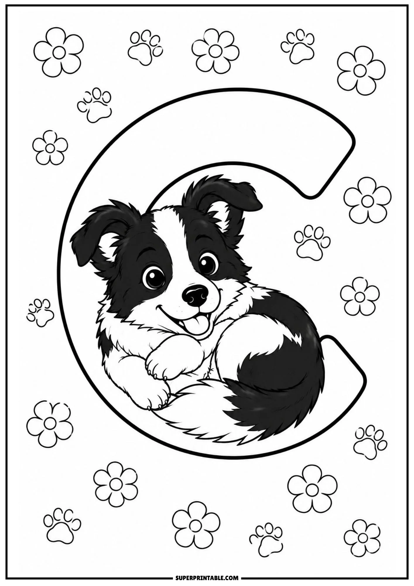 Printable coloring page with a cute Border Collie puppy curled inside a large letter C with flowers.