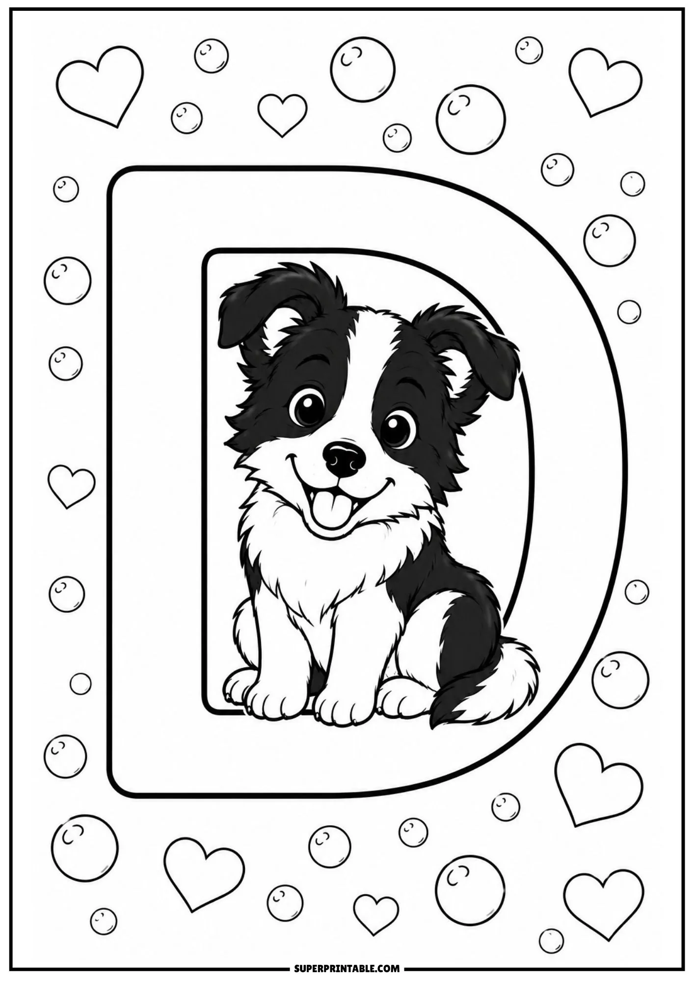 Border Collie coloring sheet depicting a happy puppy sitting inside a large letter D surrounded by hearts.