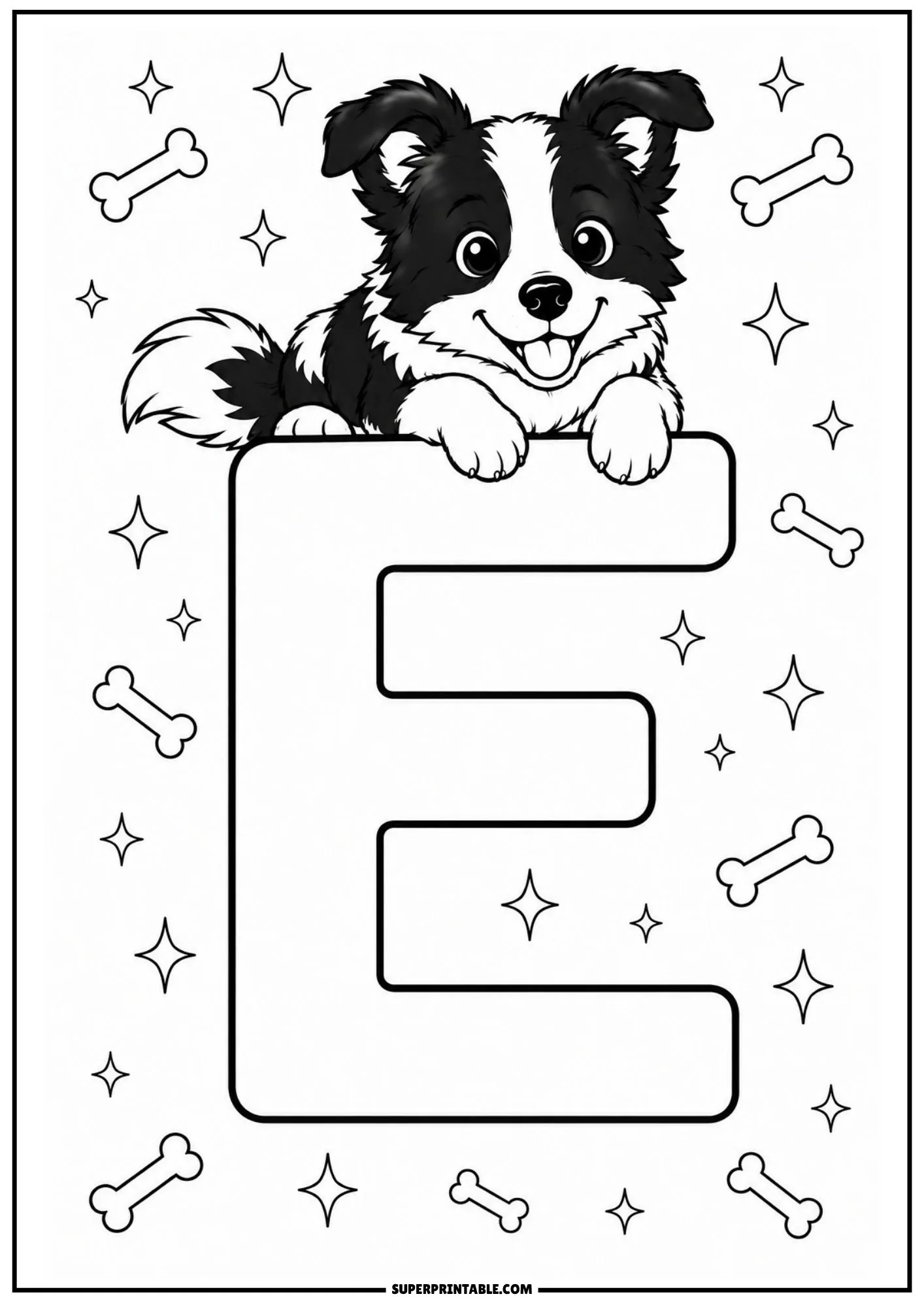 Black and white coloring illustration of a Border Collie puppy resting on top of a large letter E.