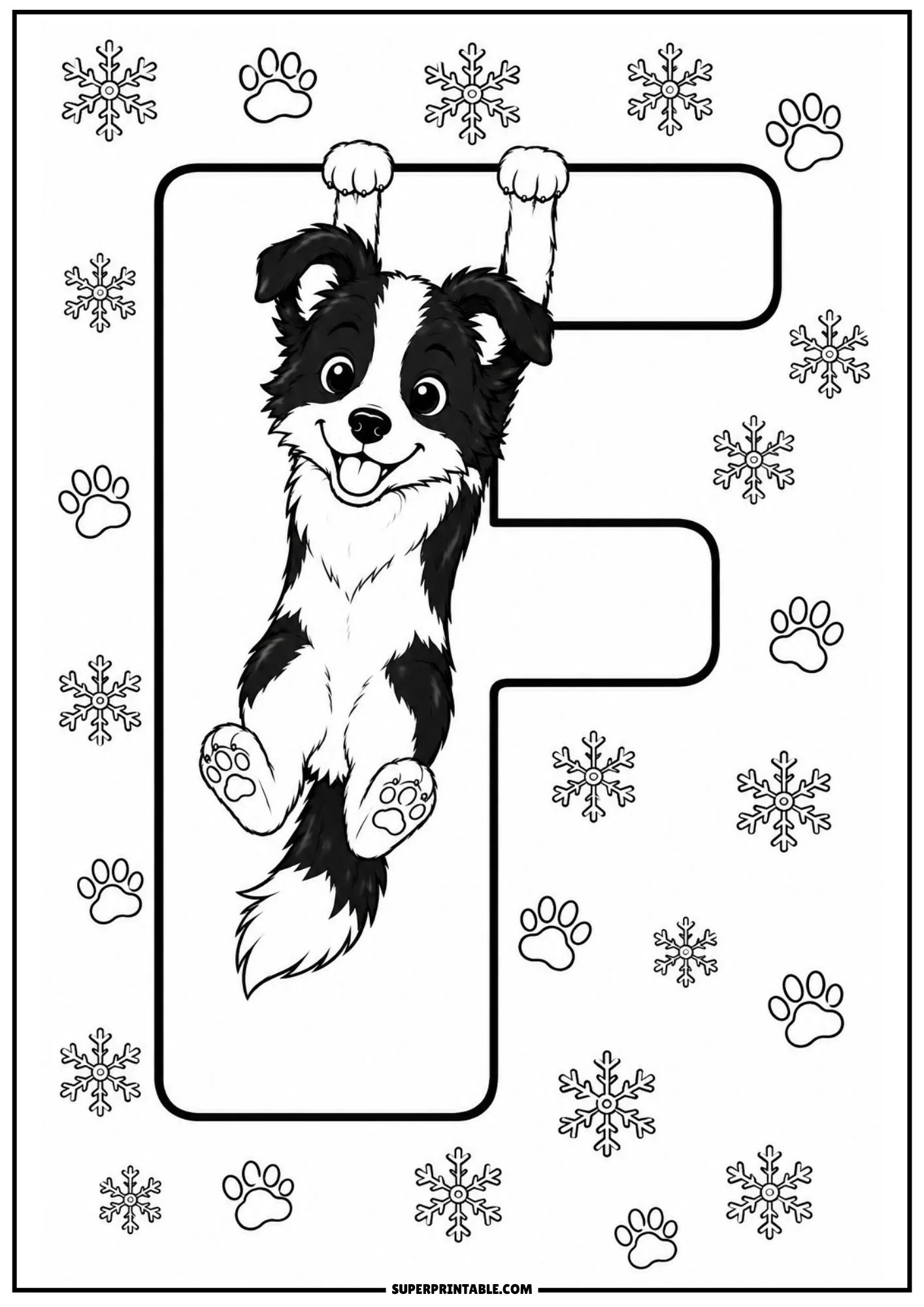 Coloring page illustration of a puppy hanging from a large letter F with surrounding snowflakes.