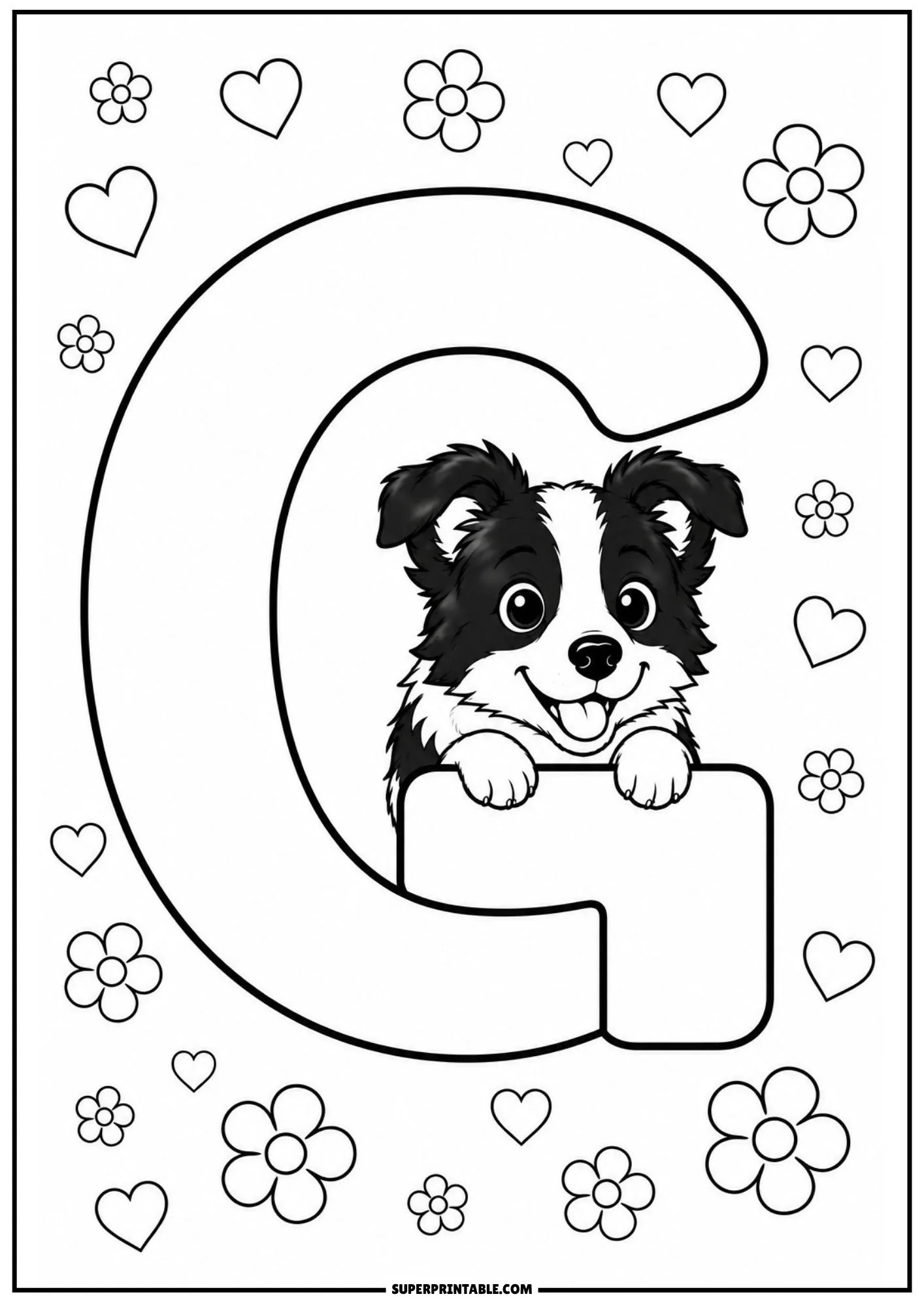 Coloring page of a happy Border Collie puppy peeking from inside a large letter G with simple flowers.