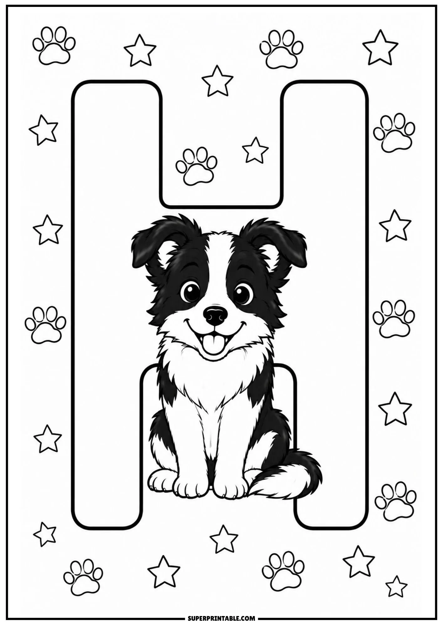 Line art coloring sheet showing a Border Collie puppy sitting inside a large capital letter H.
