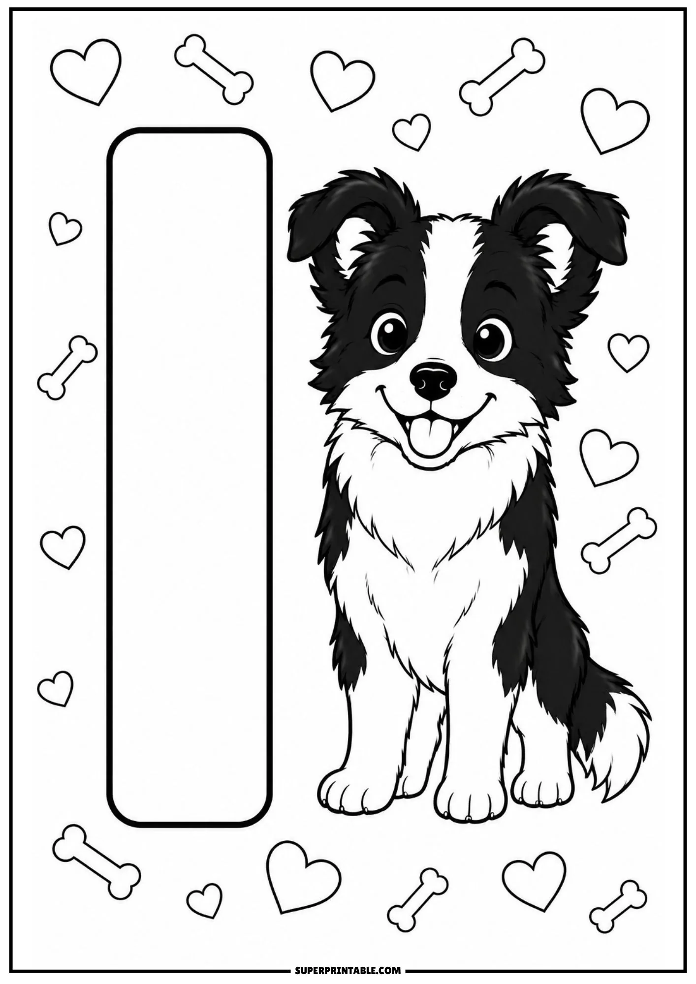 Printable alphabet coloring page with a cute puppy sitting beside a tall letter I with hearts.