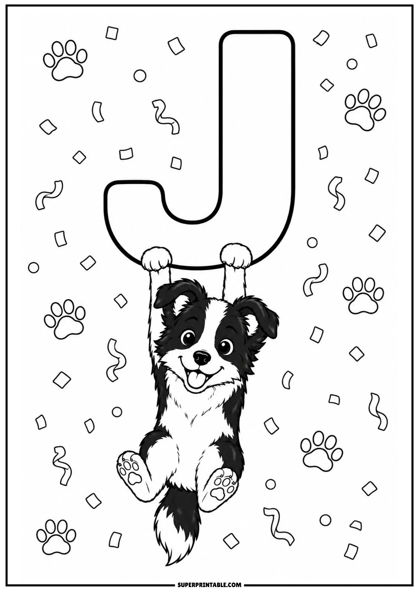 Playful coloring page of a Border Collie puppy hanging from the curve of a capital letter J.