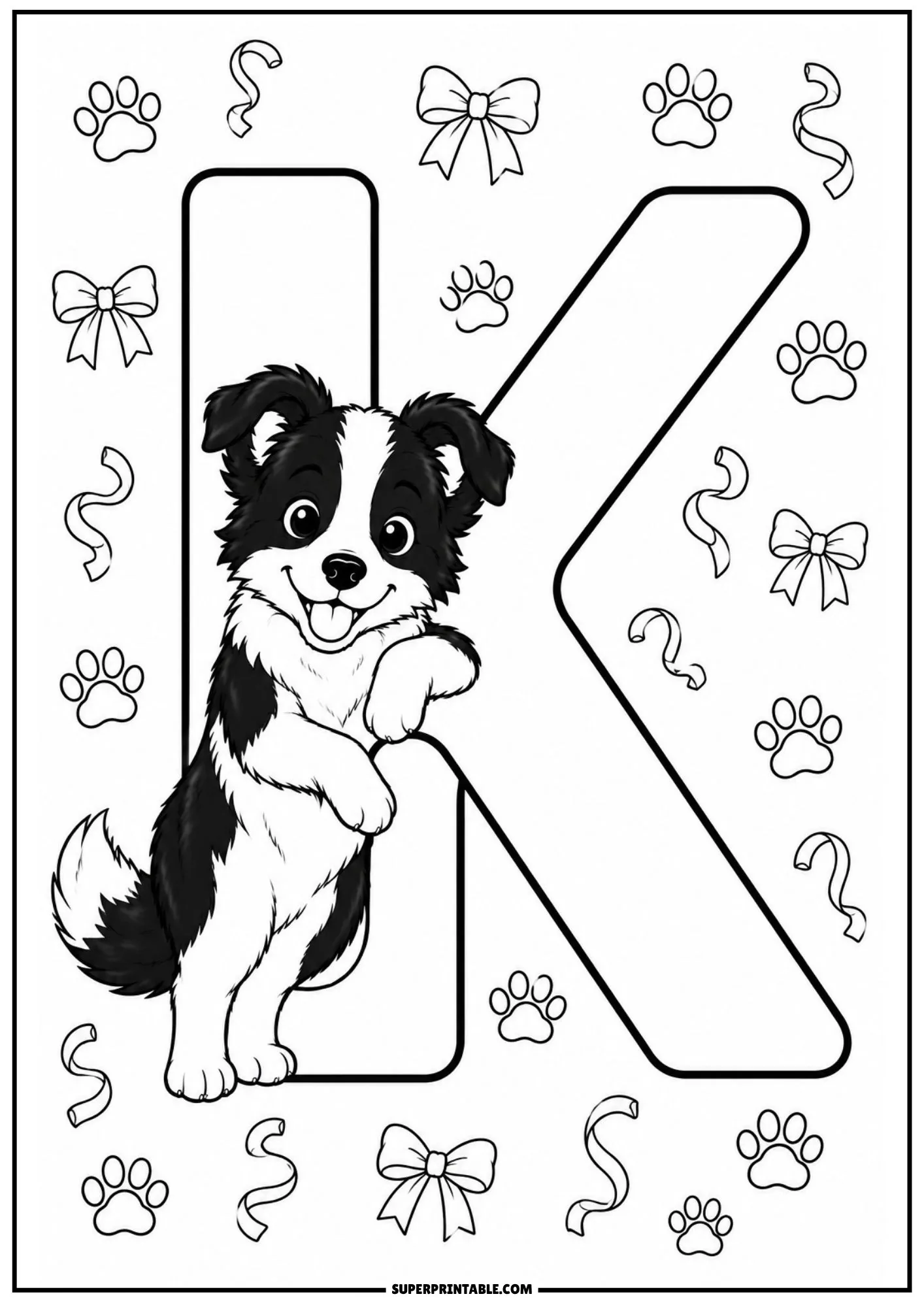Coloring illustration of a Border Collie puppy leaning against a capital letter K with bows.
