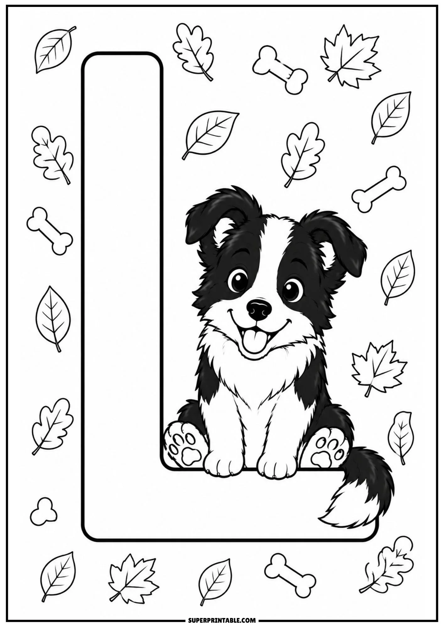 Line art coloring sheet showing a puppy sitting on the base bar of a large capital letter L.