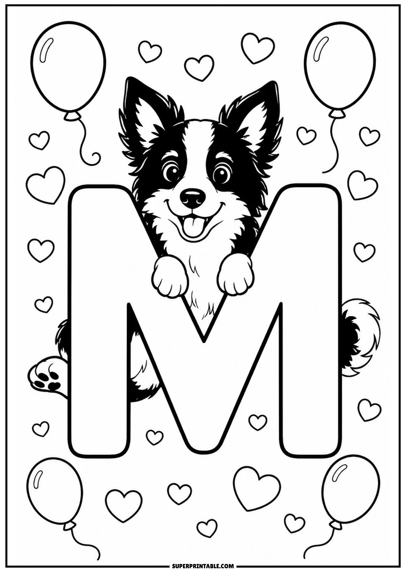 Alphabet coloring page showing a Border Collie puppy nestled in the middle of a letter M.