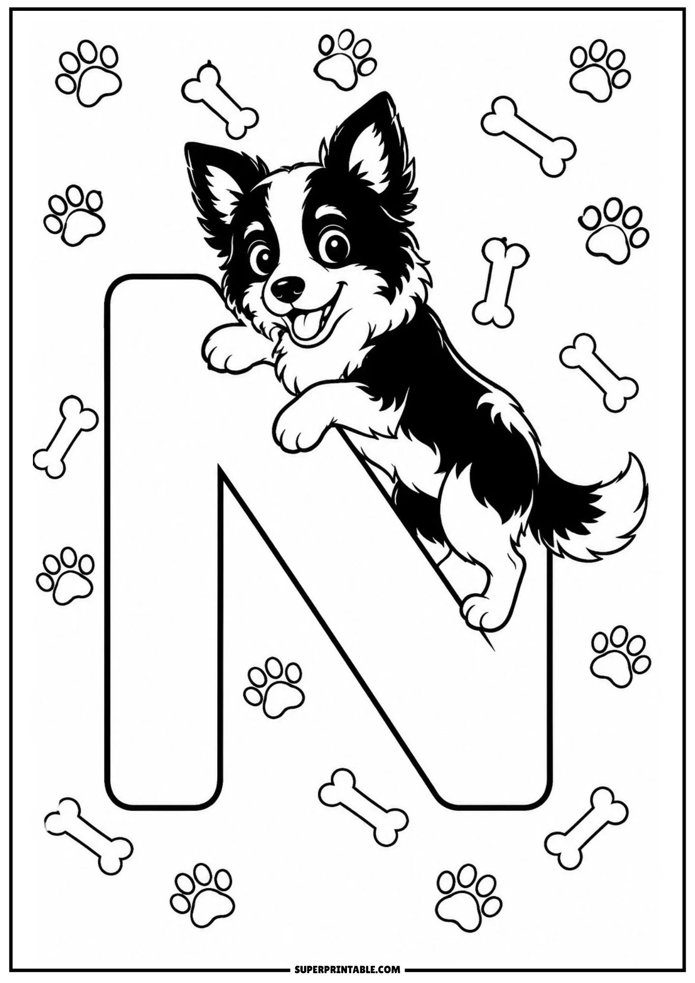 Printable coloring sheet of an active puppy climbing the diagonal line of a large letter N.