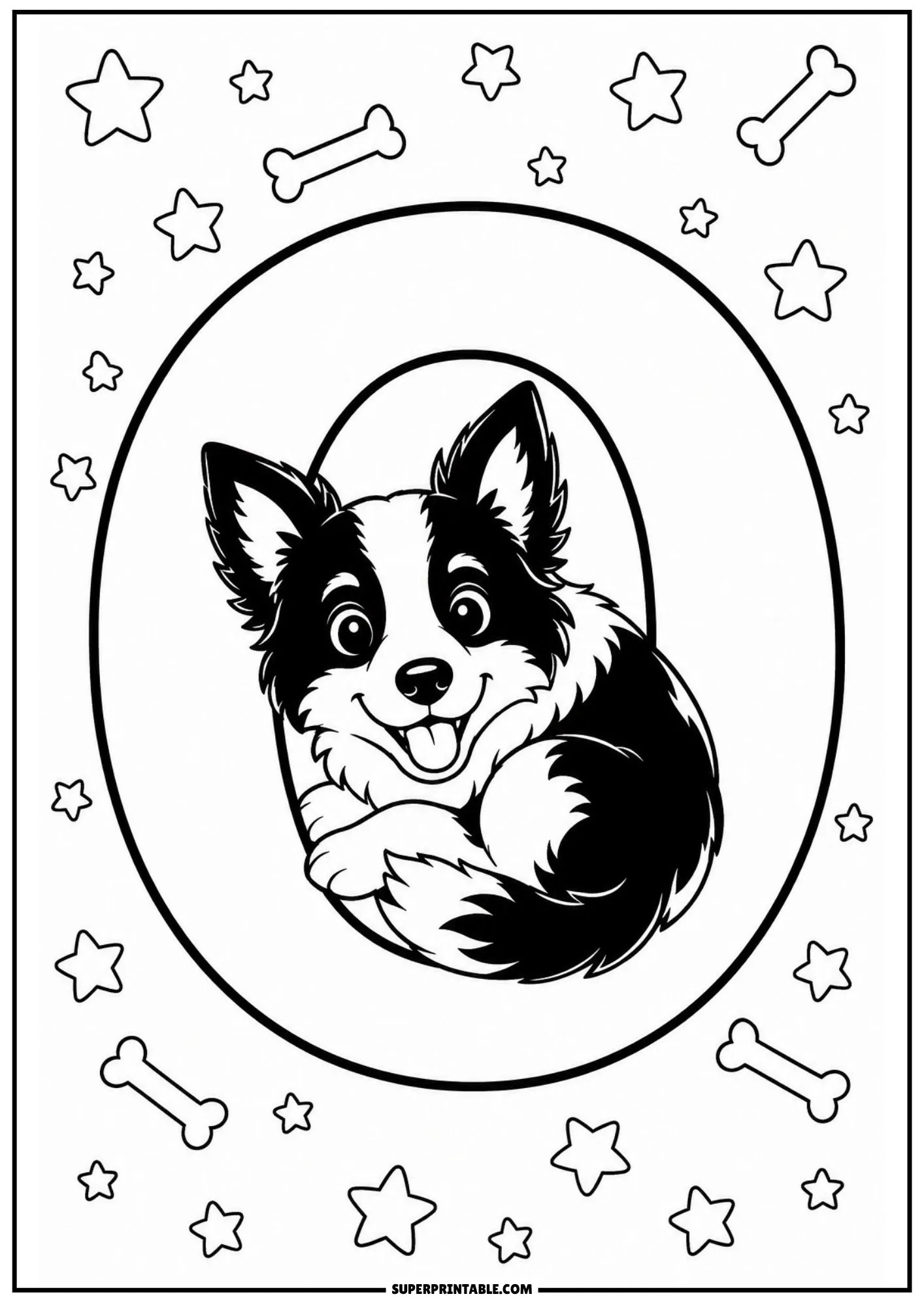 Cute coloring page depicting a puppy resting inside the center ring of a large letter O.
