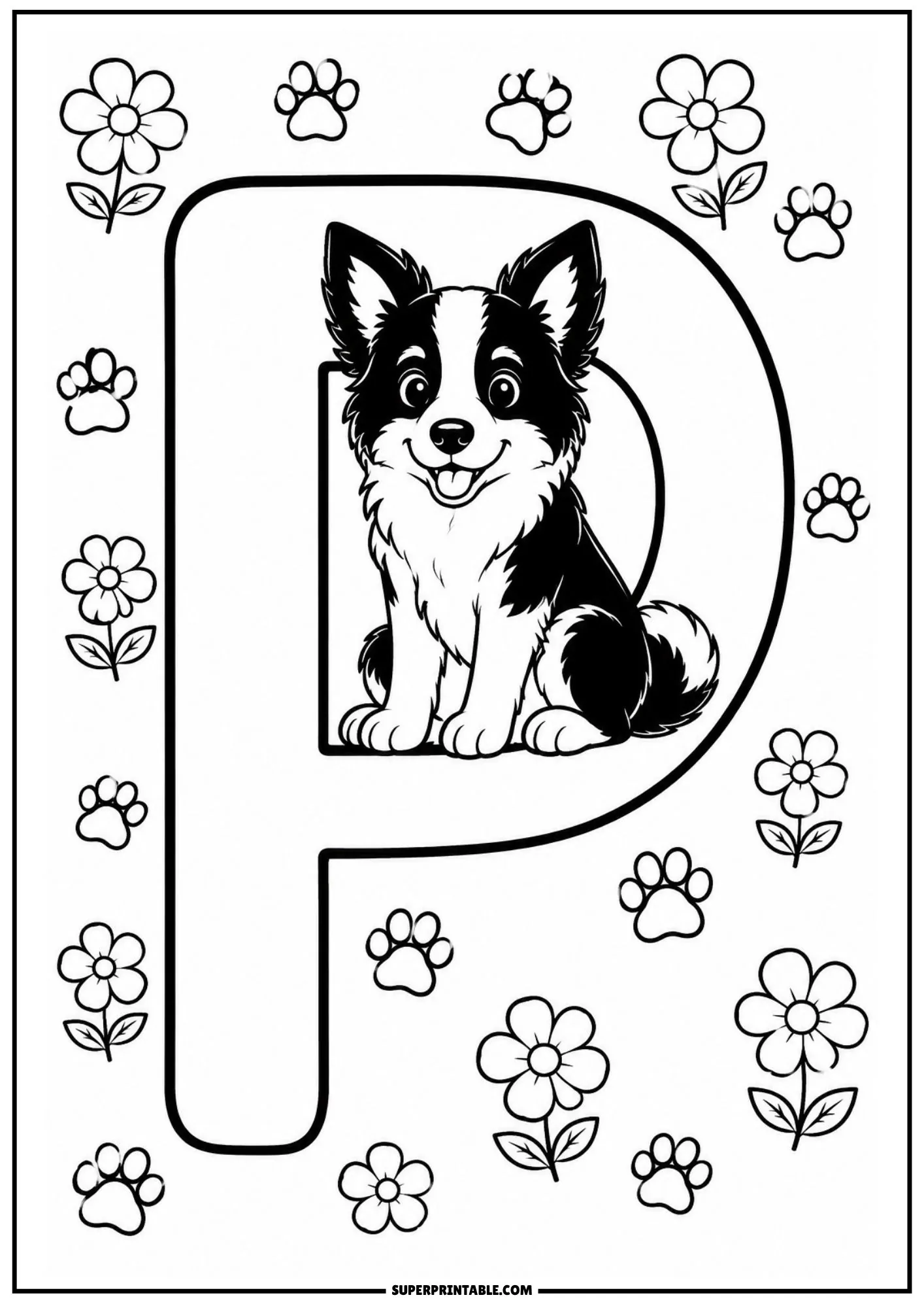 Line art coloring sheet of a Border Collie puppy sitting inside the upper loop of a letter P.
