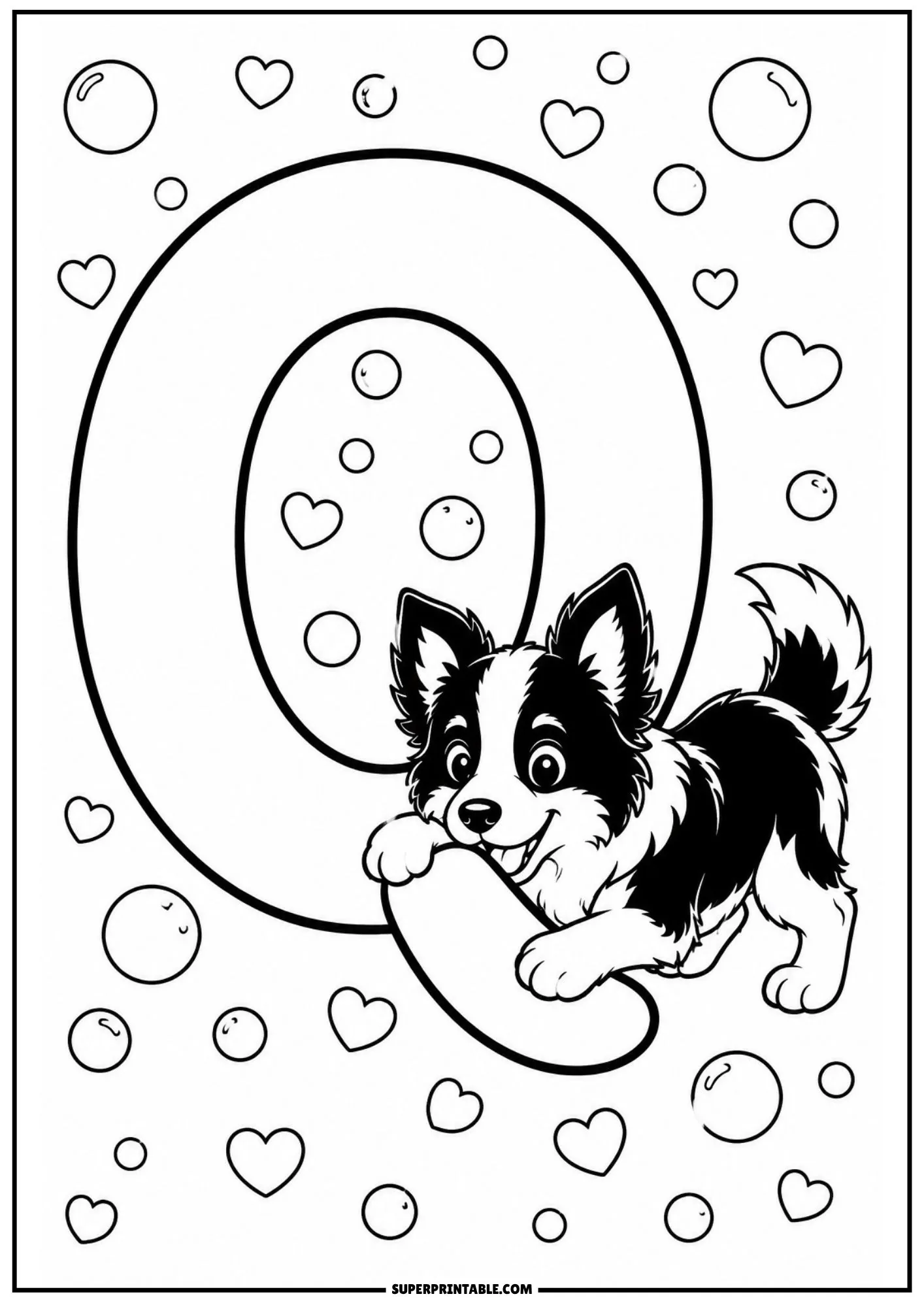 Coloring page of a playful puppy tugging on the lower tail section of a capital letter Q.